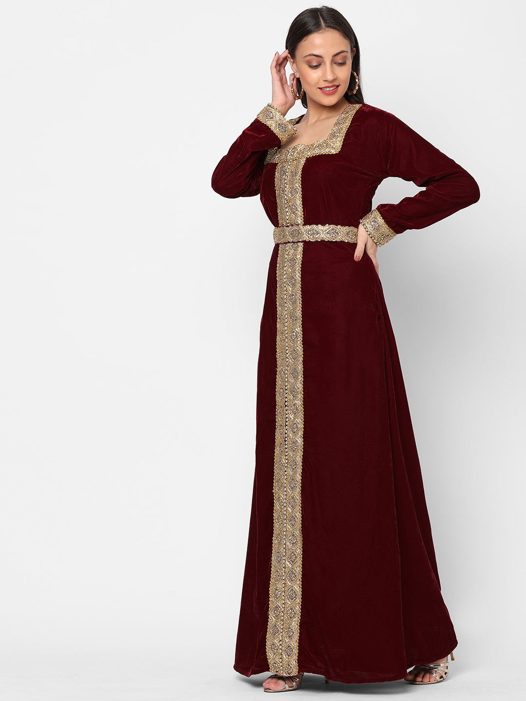 Designer Gown In Velvet Long Sleeve Maxi In Maroon Velvet XL / 52 Inches / Matching Embroidered Scarf (24 X 71 Inches) Designer Gown In Velvet Long Sleeve Maxi In Maroon Velvet XL / 52 Inches / Matching Embroidered Scarf (24 X 71 Inches)