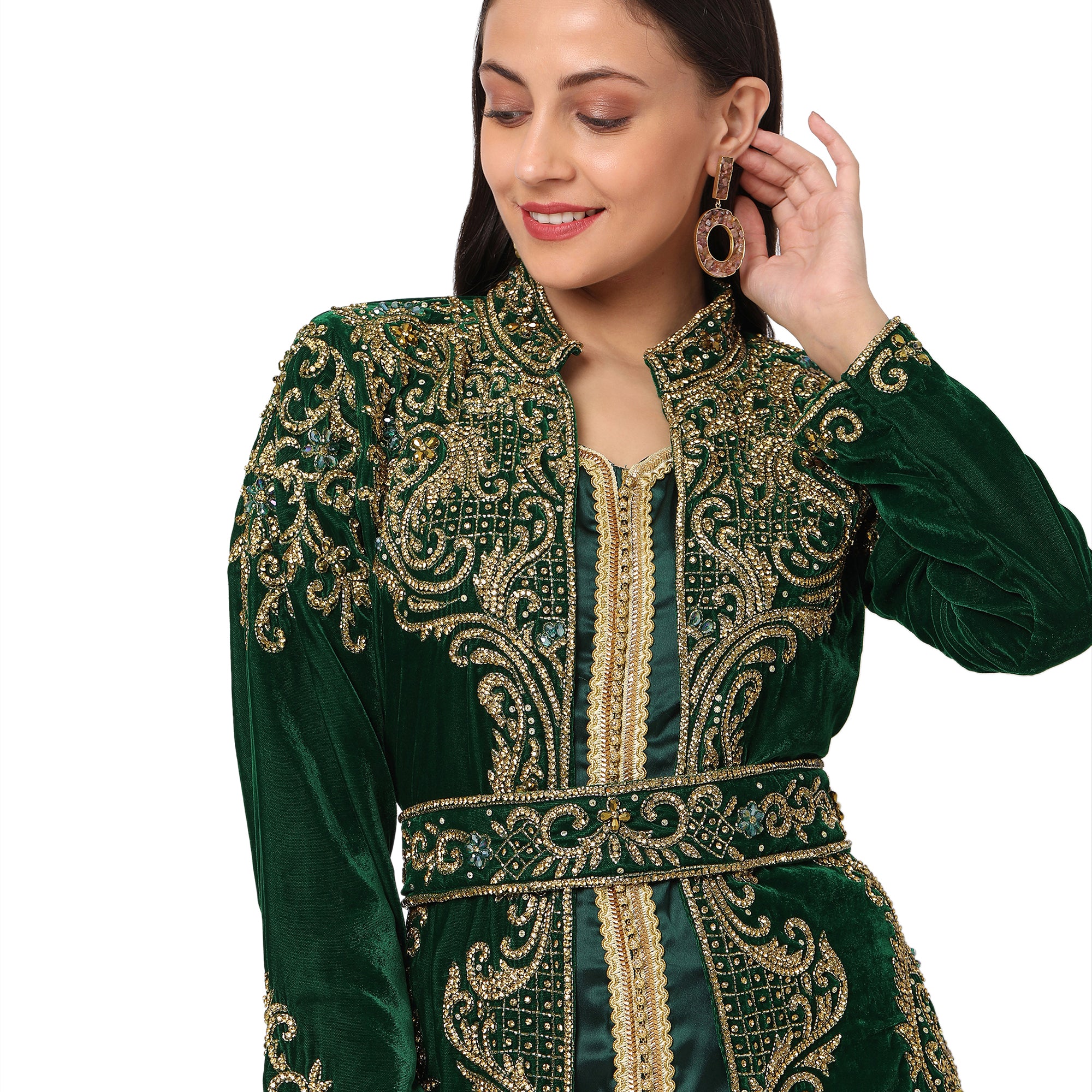 Designer Caftan Wedding Dress in Dark Green Velvet 3XL / 50 Inches / Matching Embroidered Scarf (24 X 71 Inches) Designer Caftan Wedding Dress in Dark Green Velvet 3XL / 50 Inches / Matching Embroidered Scarf (24 X 71 Inches)