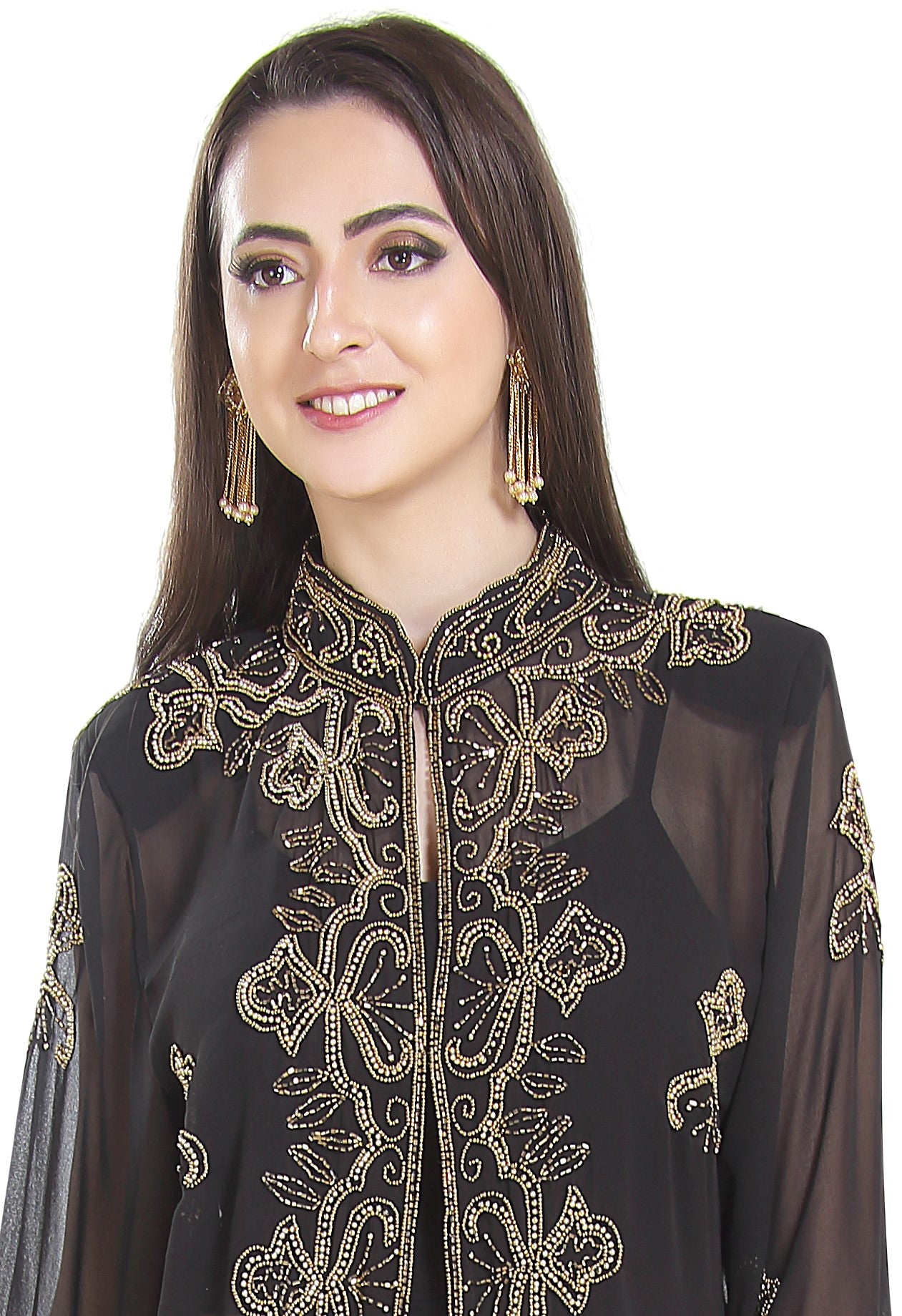 long maxi dress with jacket Embroidered Cardigan Jacket Overcoat Long Maxi Gown M / Yellow (913) / Georgette