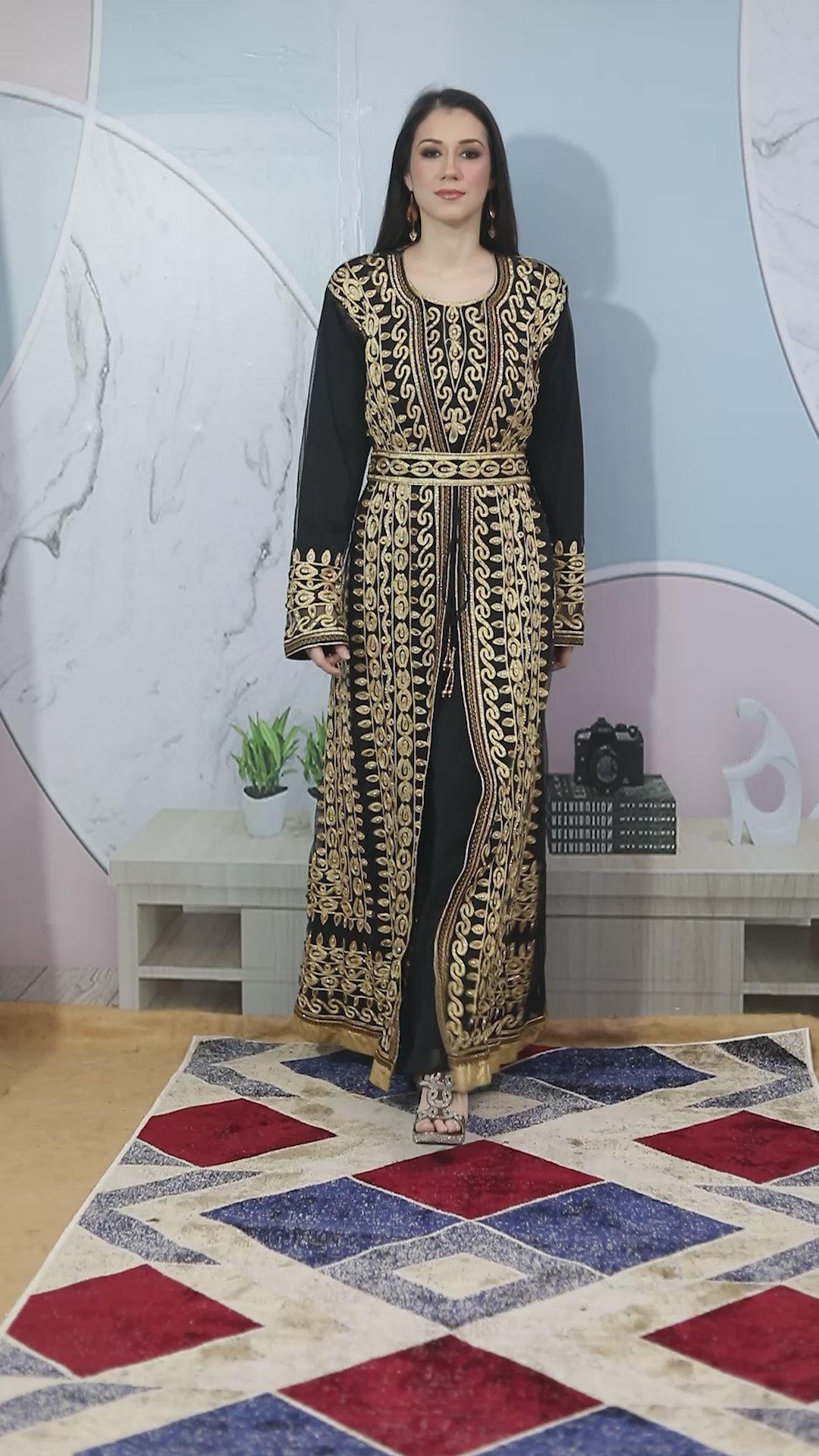 Load and play video in Gallery viewer, Traditional Jalabiya Karakou Embroidery in Golden Thread-Work Gown
