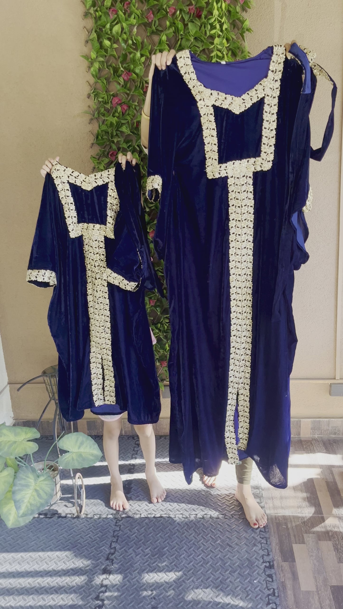 Load and play video in Gallery viewer, Designer Jalabiya Kaftan Embroidered Gown Mother &amp;amp; Daughter Combo Set

