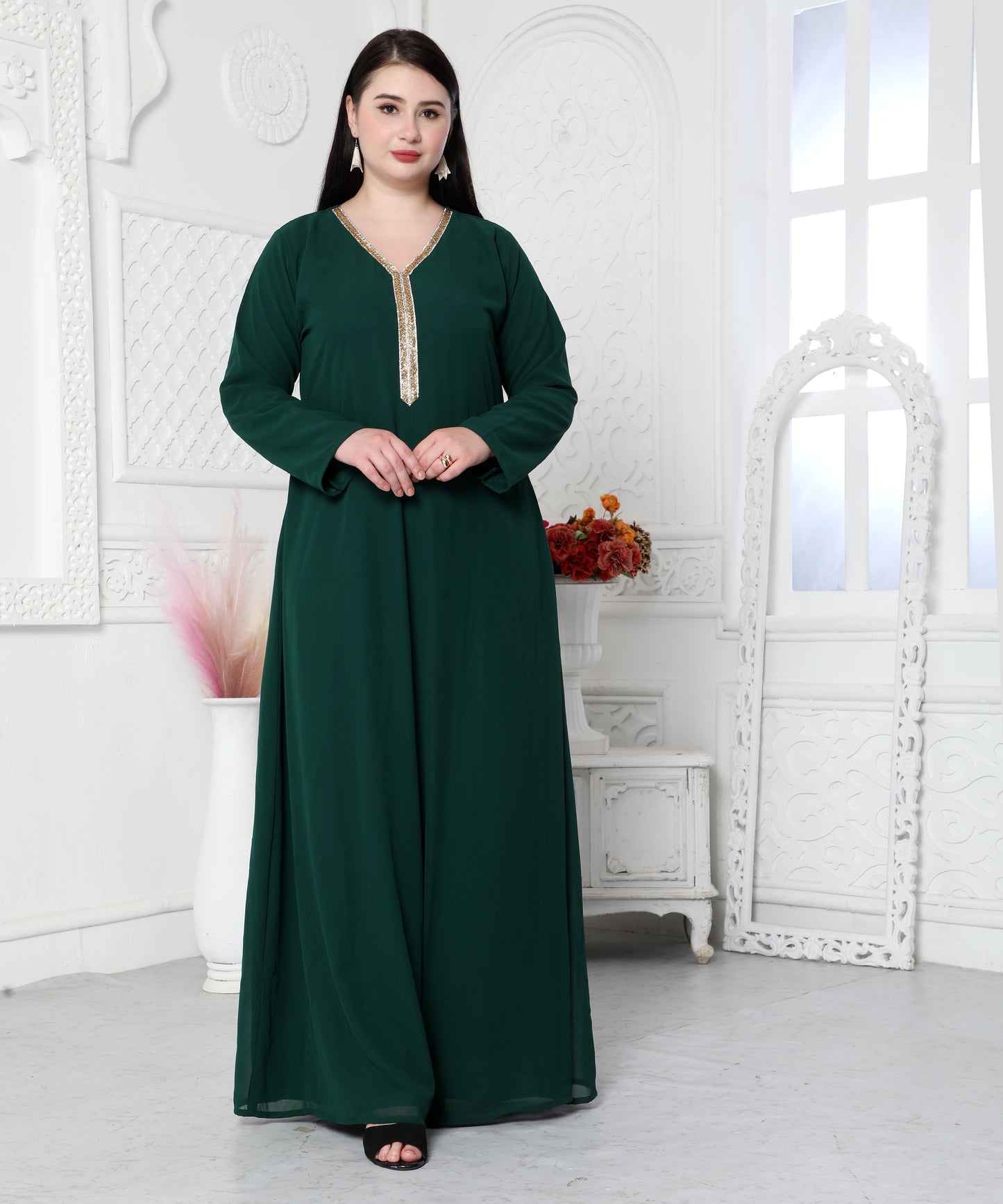 Embroidered Arabic Style Kaftan For Women 3XL / 56 Inches / Matching Embroidered Scarf (24 X 71 Inches) Embroidered Arabic Style Kaftan For Women 3XL / 56 Inches / Matching Embroidered Scarf (24 X 71 Inches)