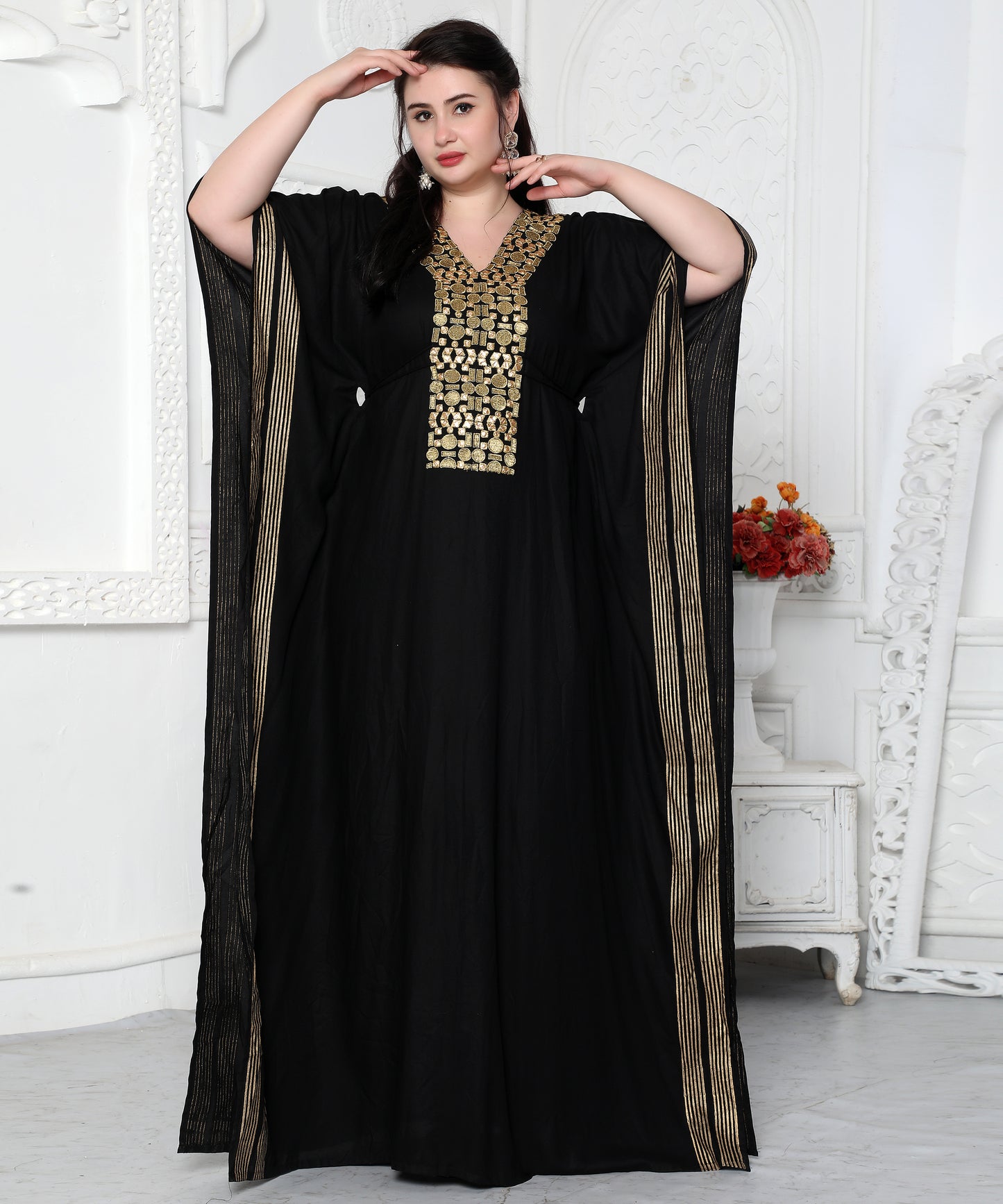 Gold Foil Boho Kaftan Dress With Block Print Gold Foil Boho Kaftan Dress With Block Print