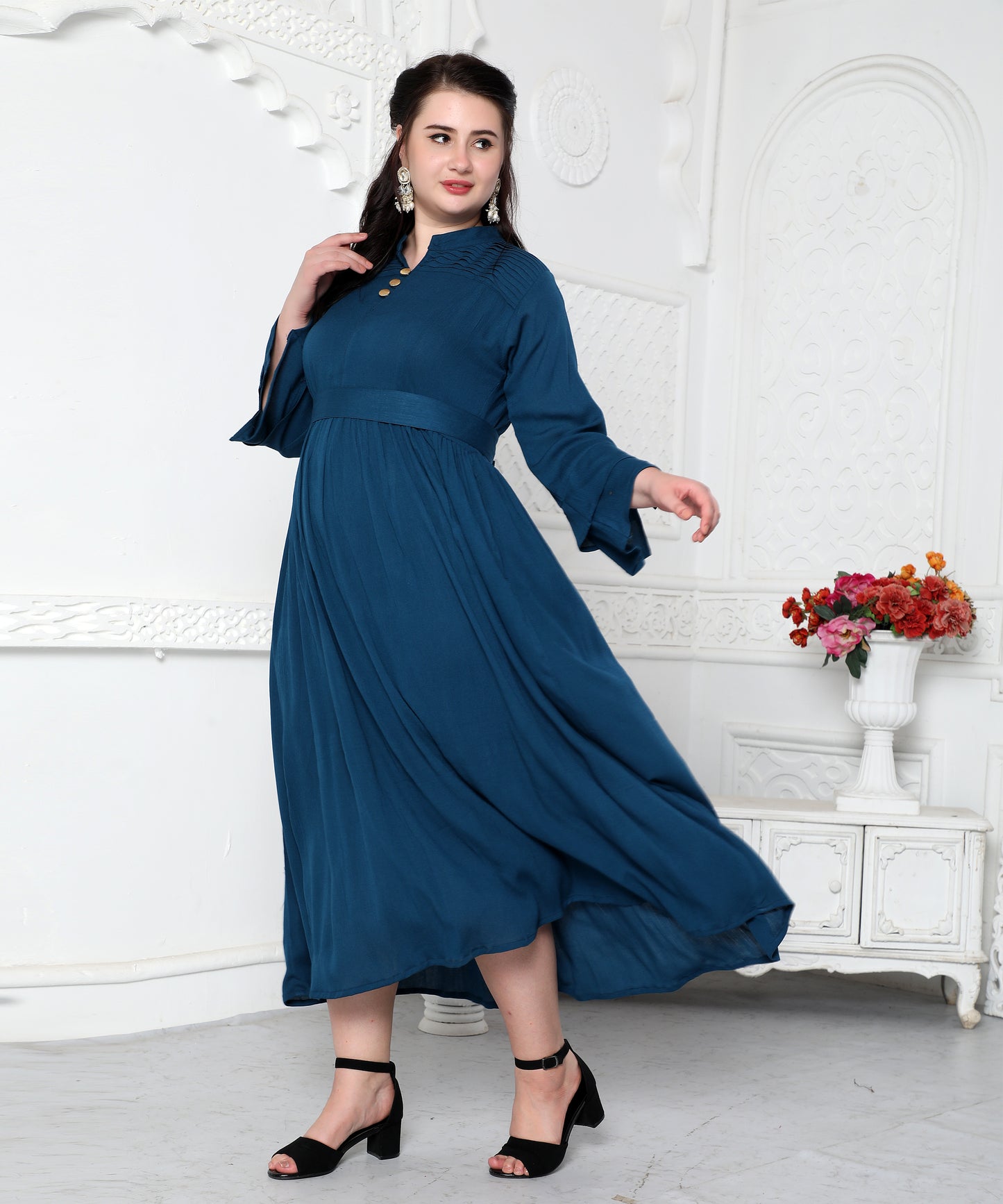 Pleated Partywear Dress With Golden Buttons Maxim Creation Pleated Partywear Dress With Golden Buttons Maxim Creation