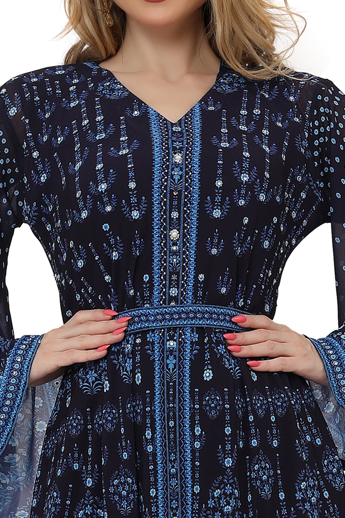 Deep Blue Kaftan Digital Printed Evening Gown Maxim Creation Deep Blue Kaftan Digital Printed Evening Gown Maxim Creation