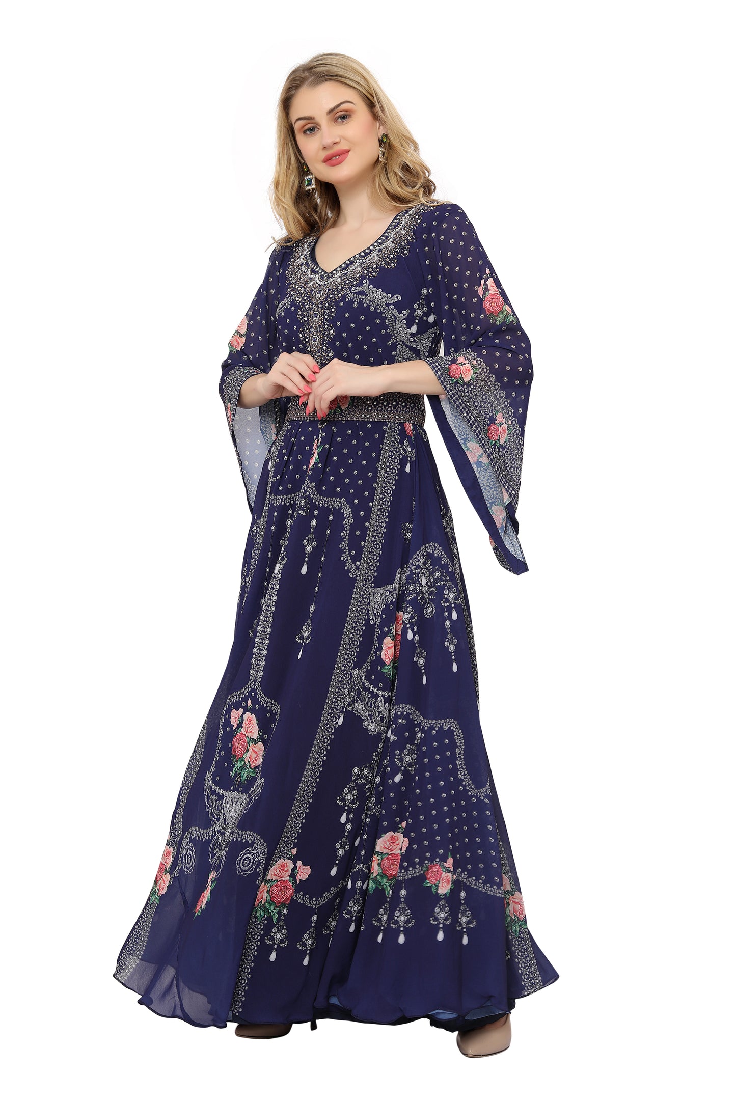 Modest Caftan Navy Blue Party Dress Digital Print Gown Maxim Creation Modest Caftan Navy Blue Party Dress Digital Print Gown Maxim Creation