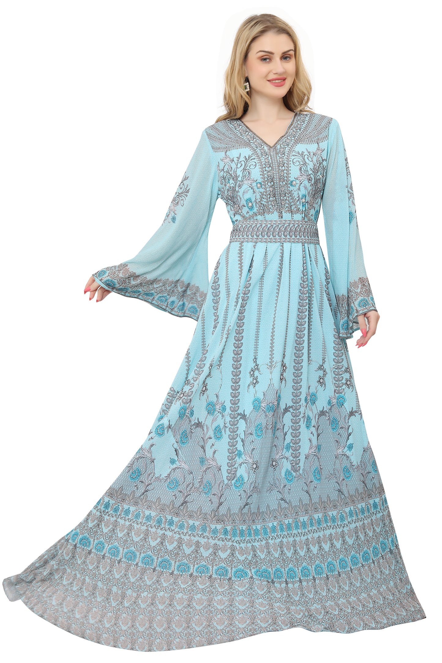 Sea Blue Luxury Kaftan Printed Long Dress For Women Maxim Creation Sea Blue Luxury Kaftan Printed Long Dress For Women Maxim Creation
