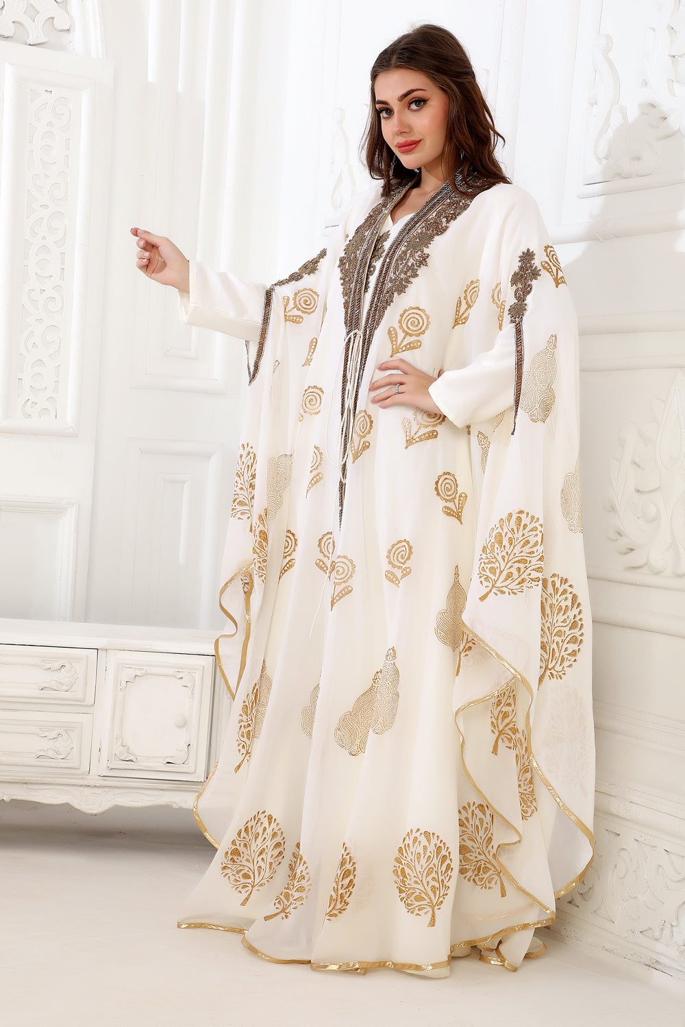 Designer Kaftan Flowy Arabic Dress with Hand Embroidery and Block print XL / 60 Inches / Matching Embroidered Scarf (24 X 71 Inches) Designer Kaftan Flowy Arabic Dress with Hand Embroidery and Block print XL / 60 Inches / Matching Embroidered Scarf (24 X 71 Inches)