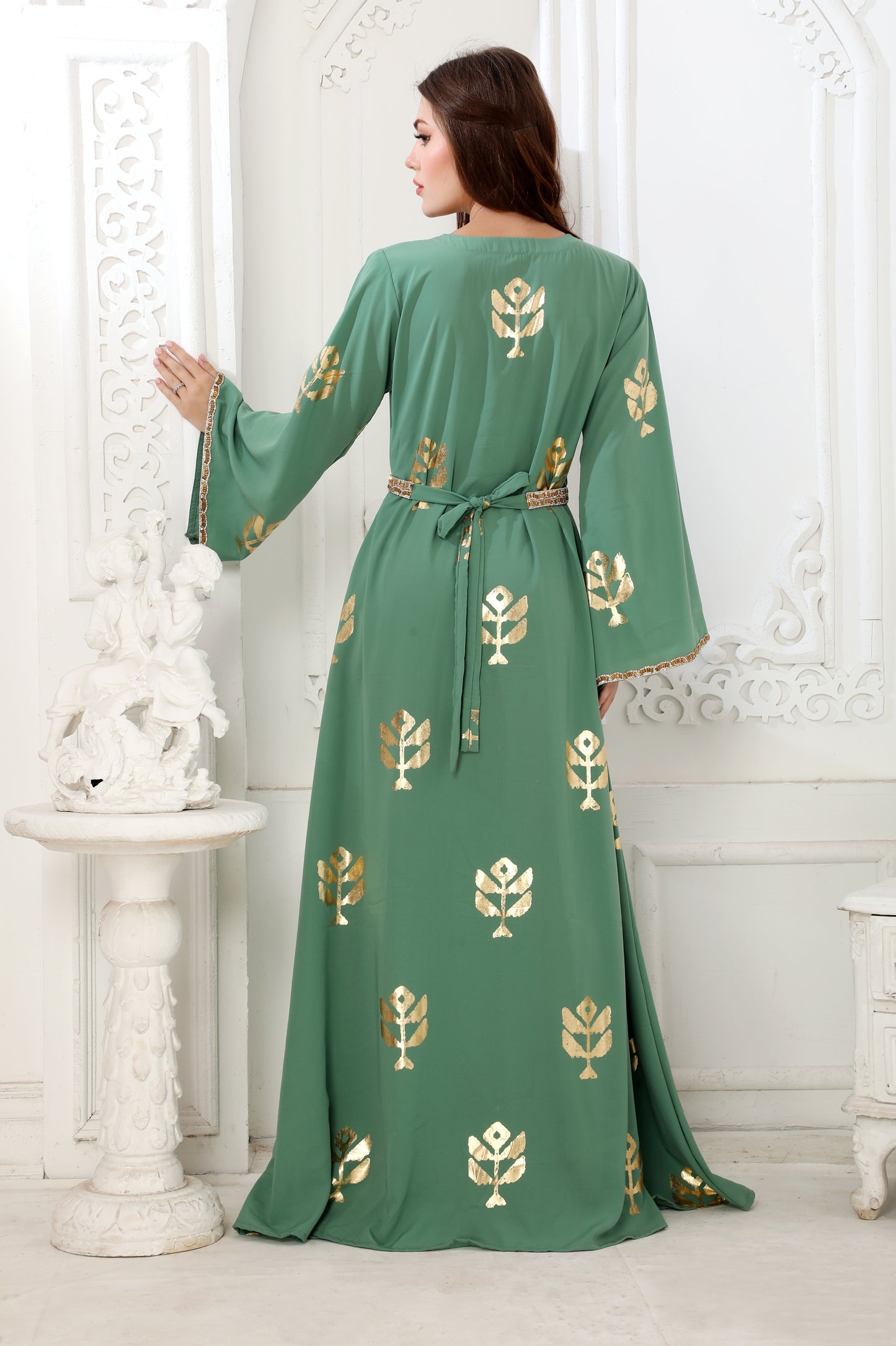 Moss Green Block Print Long Gown Kaftan Maxim Creation Moss Green Block Print Long Gown Kaftan Maxim Creation