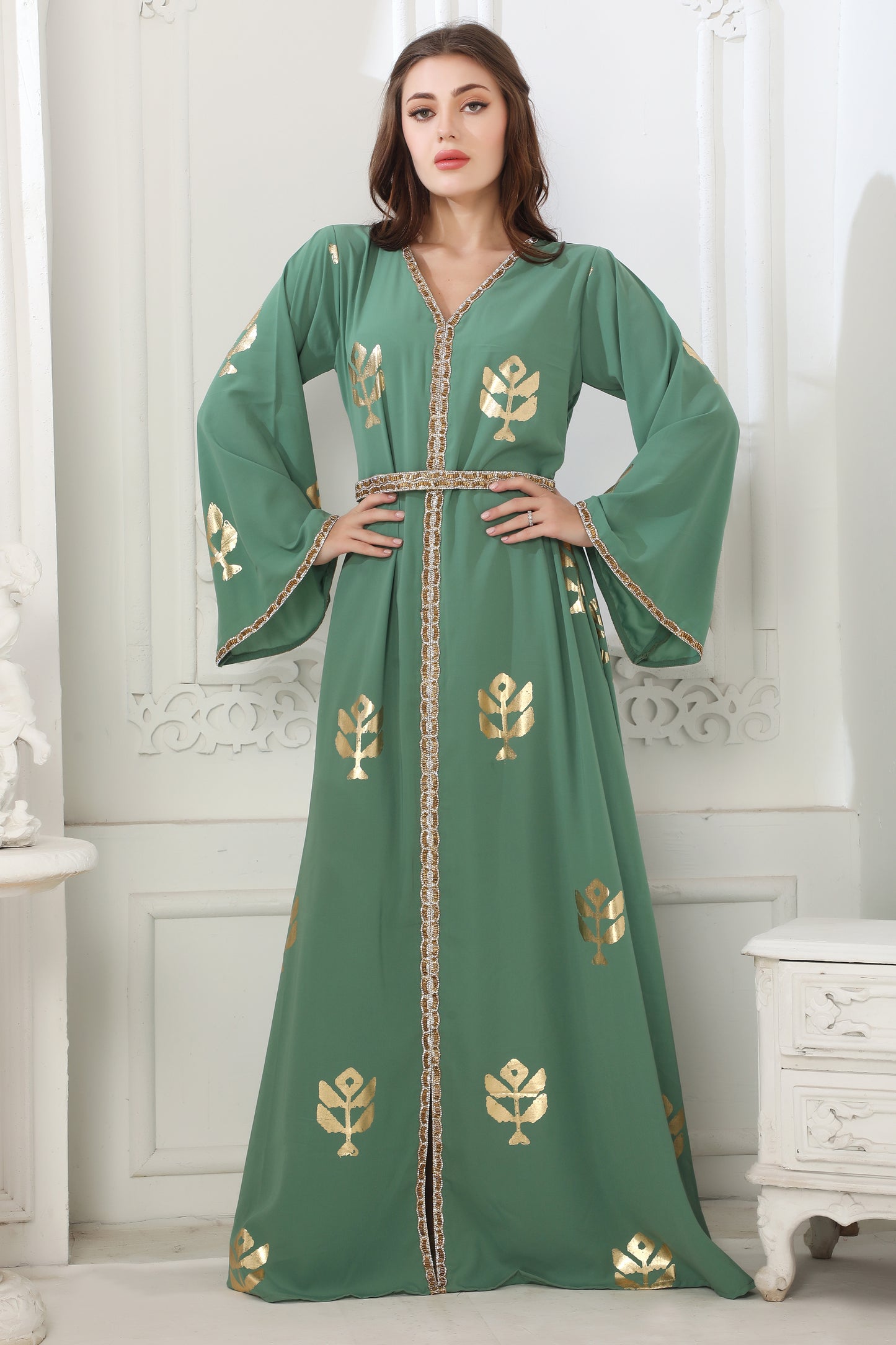 Moss Green Block Print Long Gown Kaftan L / 60 Inches / No Scarf Moss Green Block Print Long Gown Kaftan L / 60 Inches / No Scarf