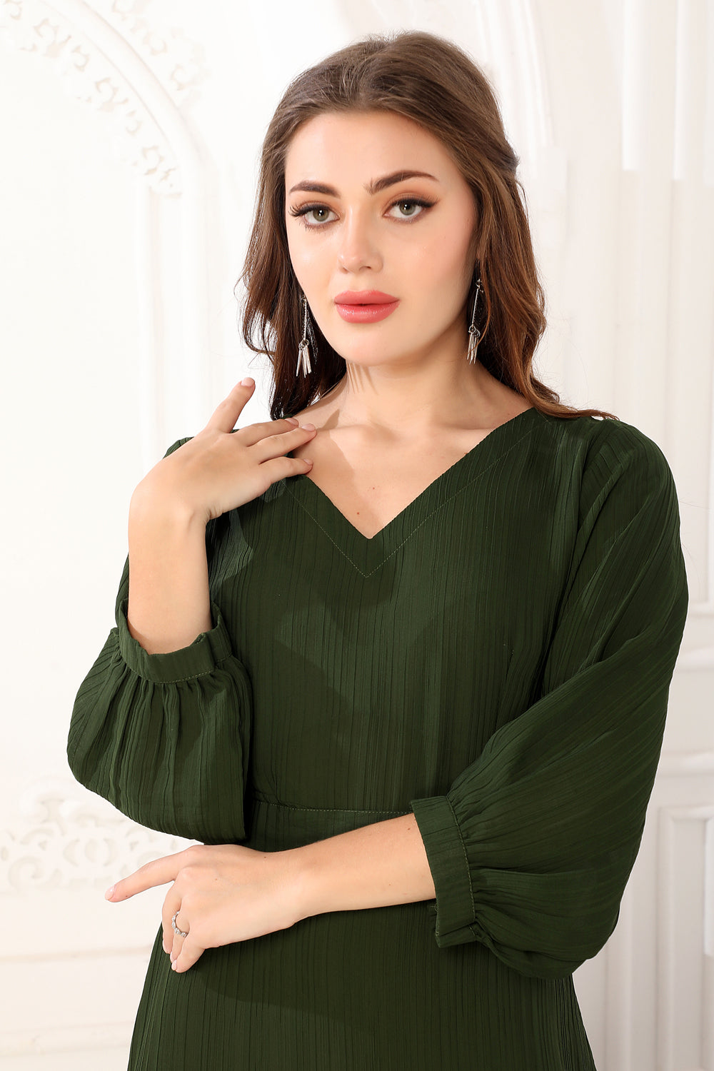 bottle green party wear dress Berylove Women Dark Green Maxi Mother Dress V Neck Ruffle Sleeves Chiffon Plus Size Wedding Party Guest Dress with Slit, Dark Green / 3XL