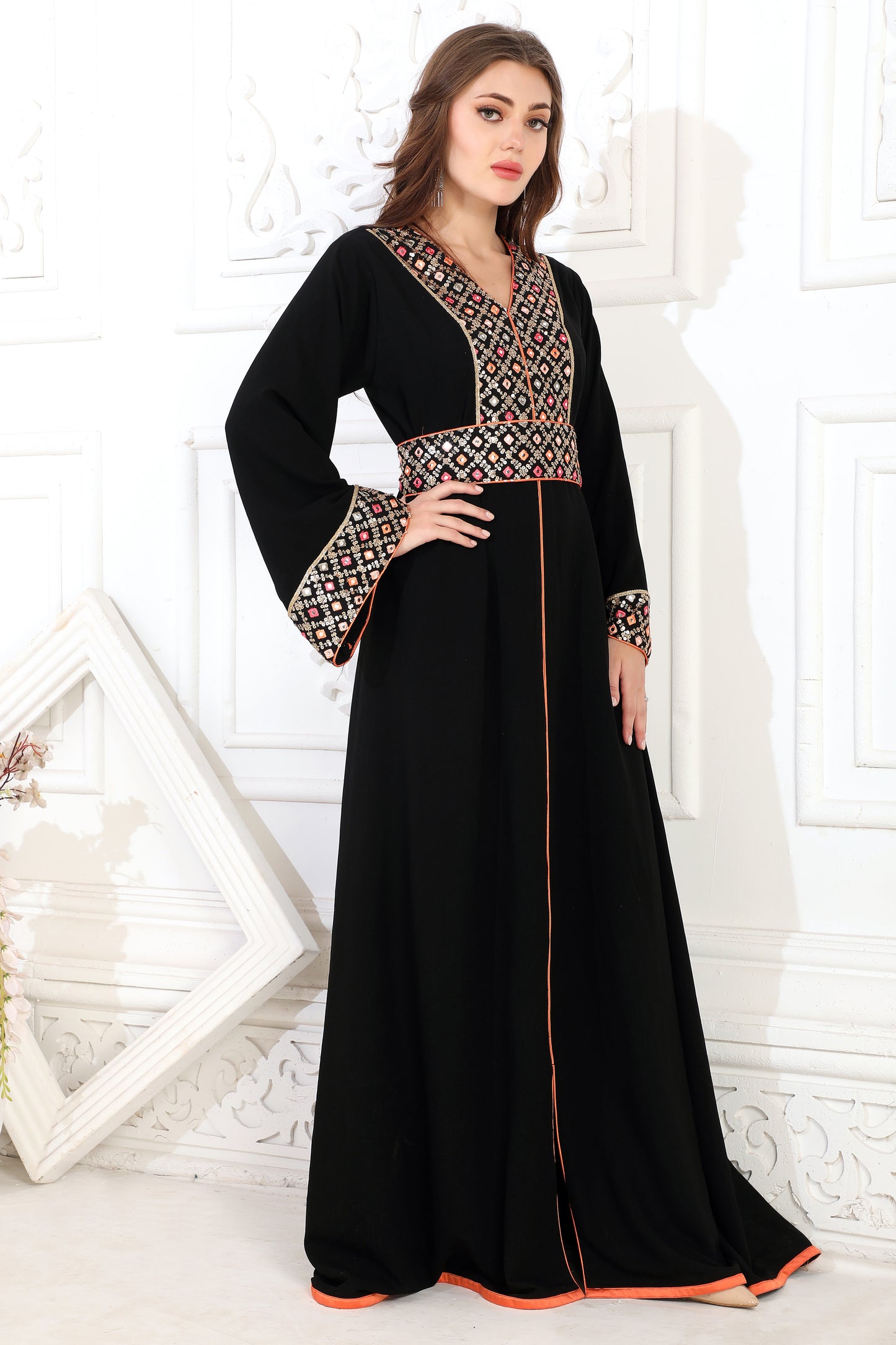 Intricate Embroidery V Neck Jalabiya Dress with Shining Foil Finish Intricate Embroidery V Neck Jalabiya Dress with Shining Foil Finish