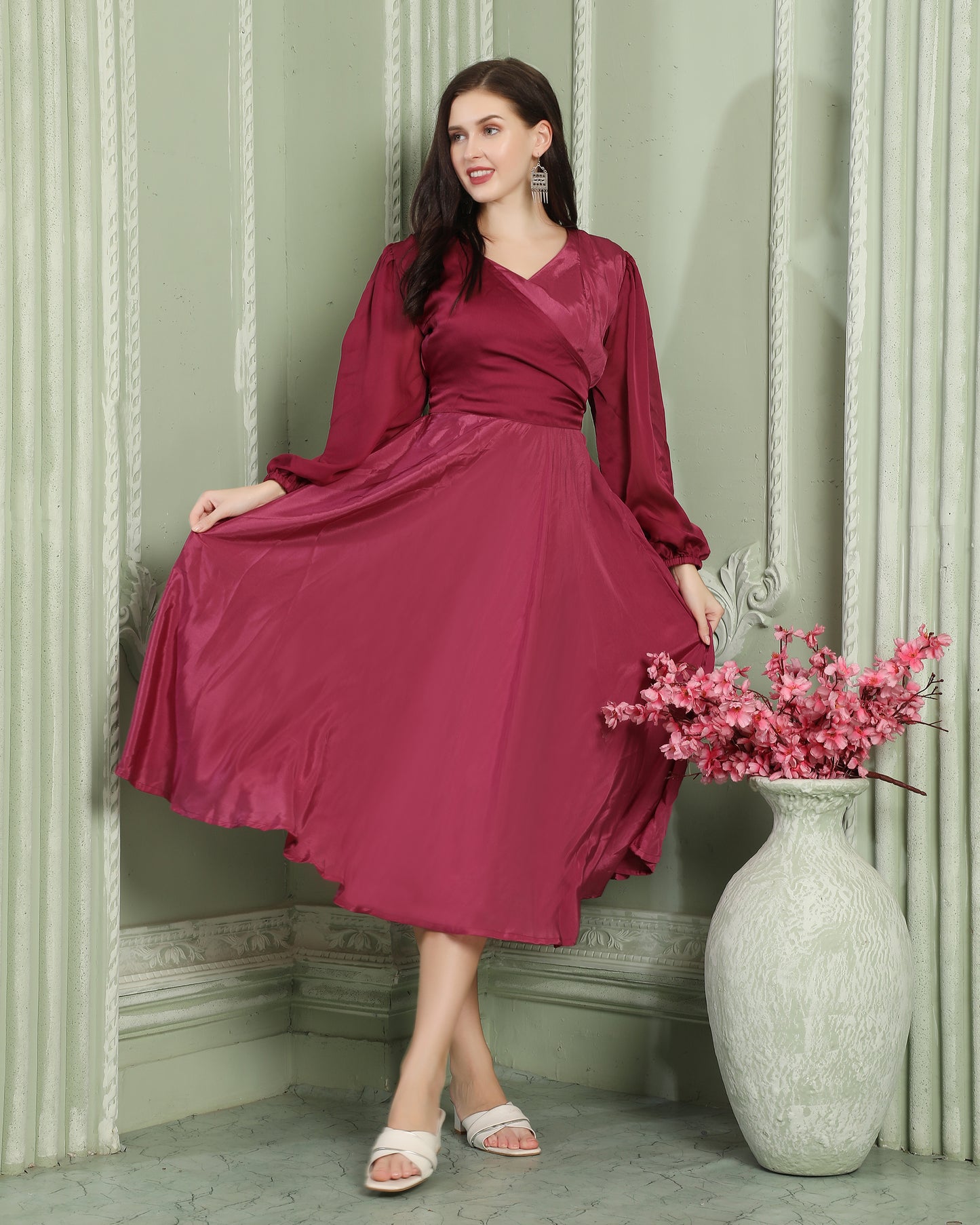 Pink Satin Classic Partywear Body Cut Dress Maxim Creation Pink Satin Classic Partywear Body Cut Dress Maxim Creation