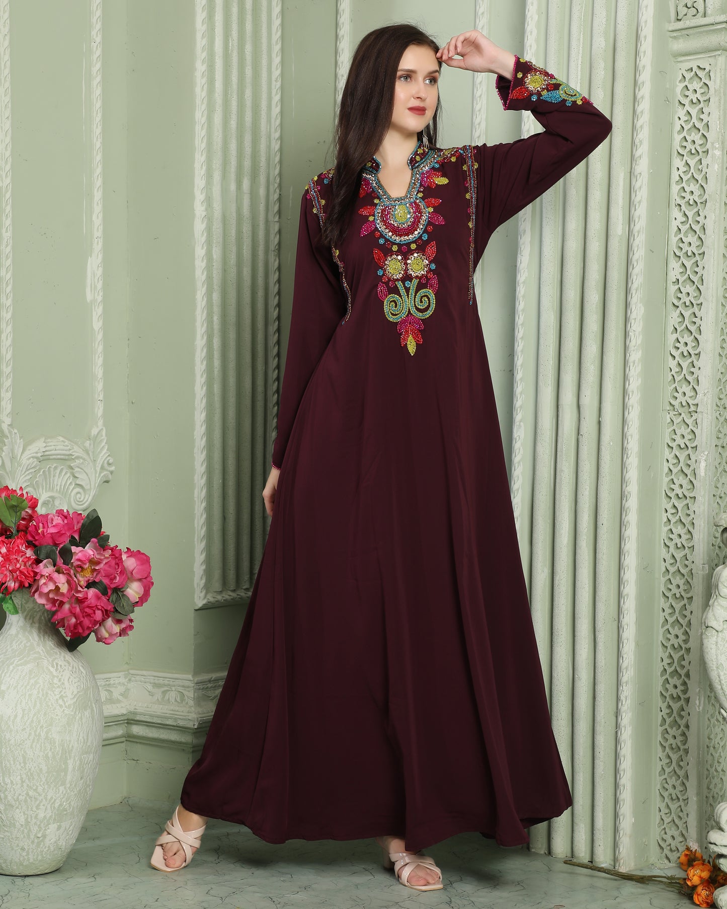 Designer-wear Velvet Kaftan with Multicolor Embroidered Sleeves S / 60 Inches / Matching Embroidered Scarf (24 X 71 Inches) Designer-wear Velvet Kaftan with Multicolor Embroidered Sleeves S / 60 Inches / Matching Embroidered Scarf (24 X 71 Inches)