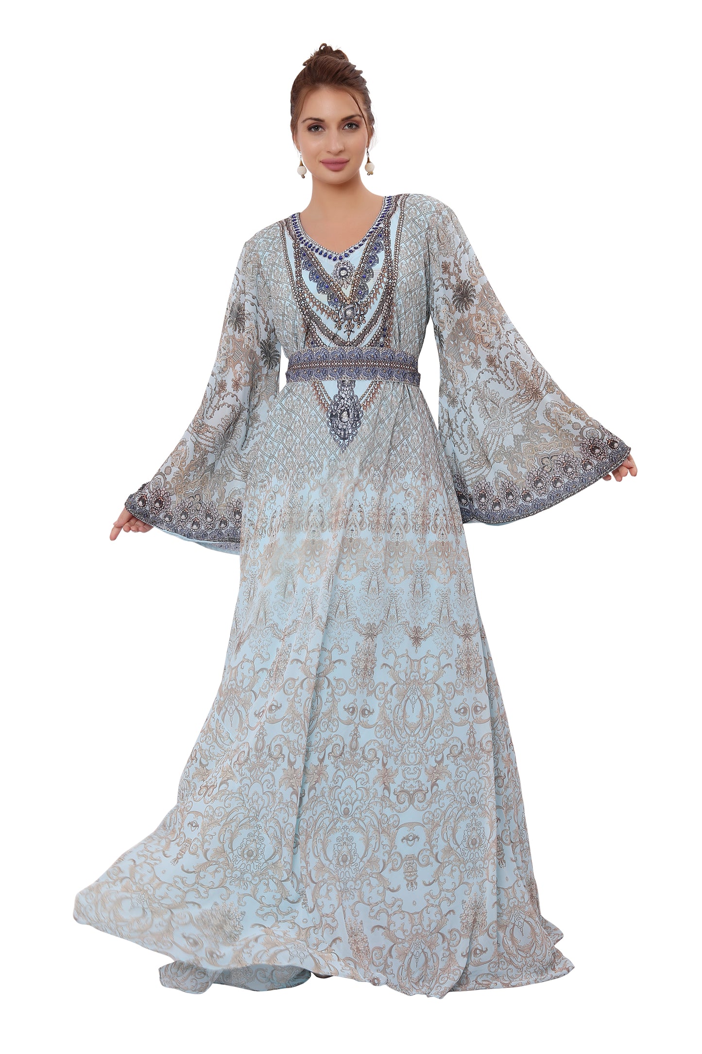 designer kaftan dresses Beach Dress | Wholesale Charcoal GrayKaftan dress in charmeuse silk intricate zardozi hand embroidery on front and sleeves. Coral Pink Chiffon and Gold