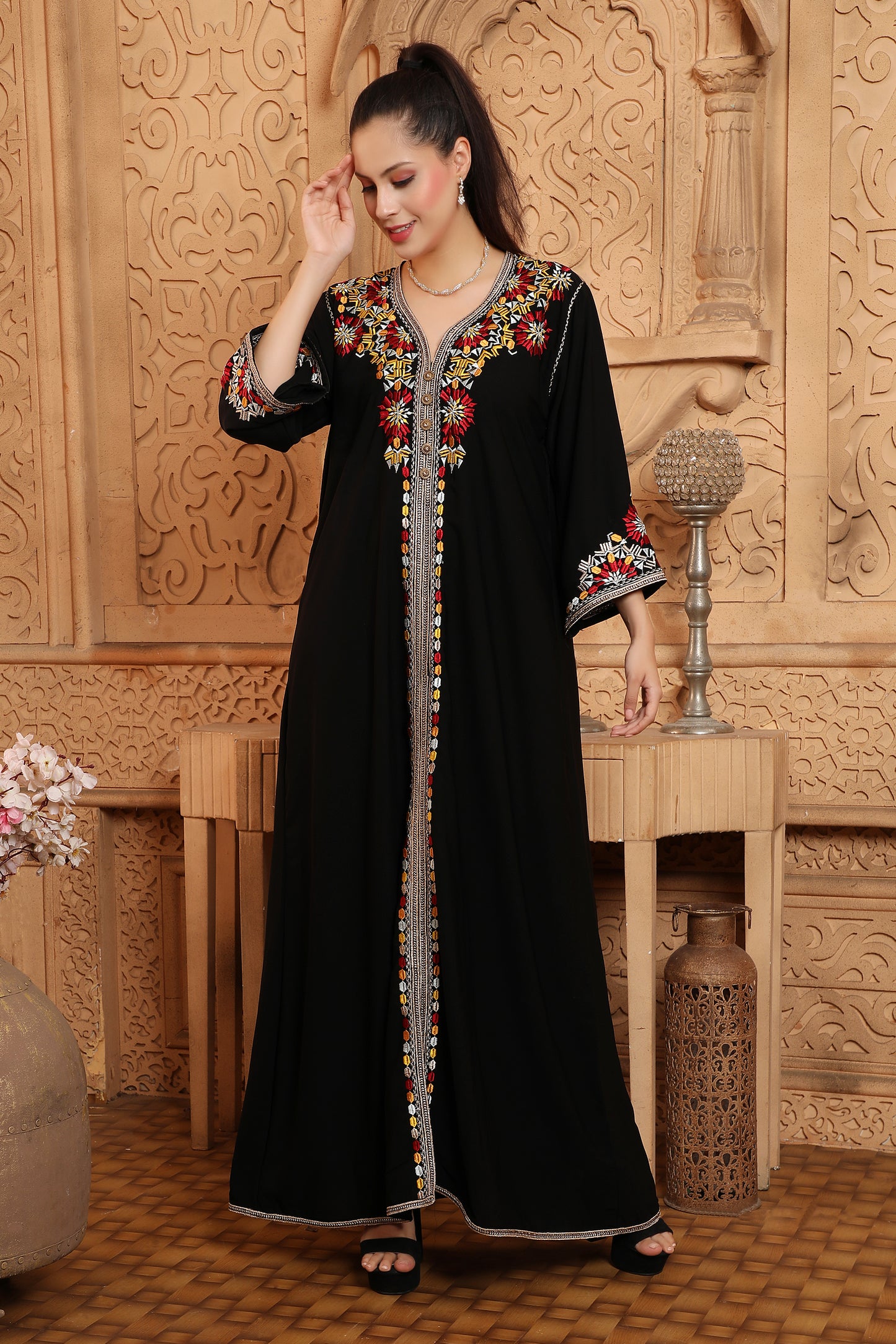 Delicate Embroidery Dubai Kaftan Abaya Arabic Dress XL / 60 Inches / Matching Embroidered Scarf (24 X 71 Inches) Delicate Embroidery Dubai Kaftan Abaya Arabic Dress XL / 60 Inches / Matching Embroidered Scarf (24 X 71 Inches)