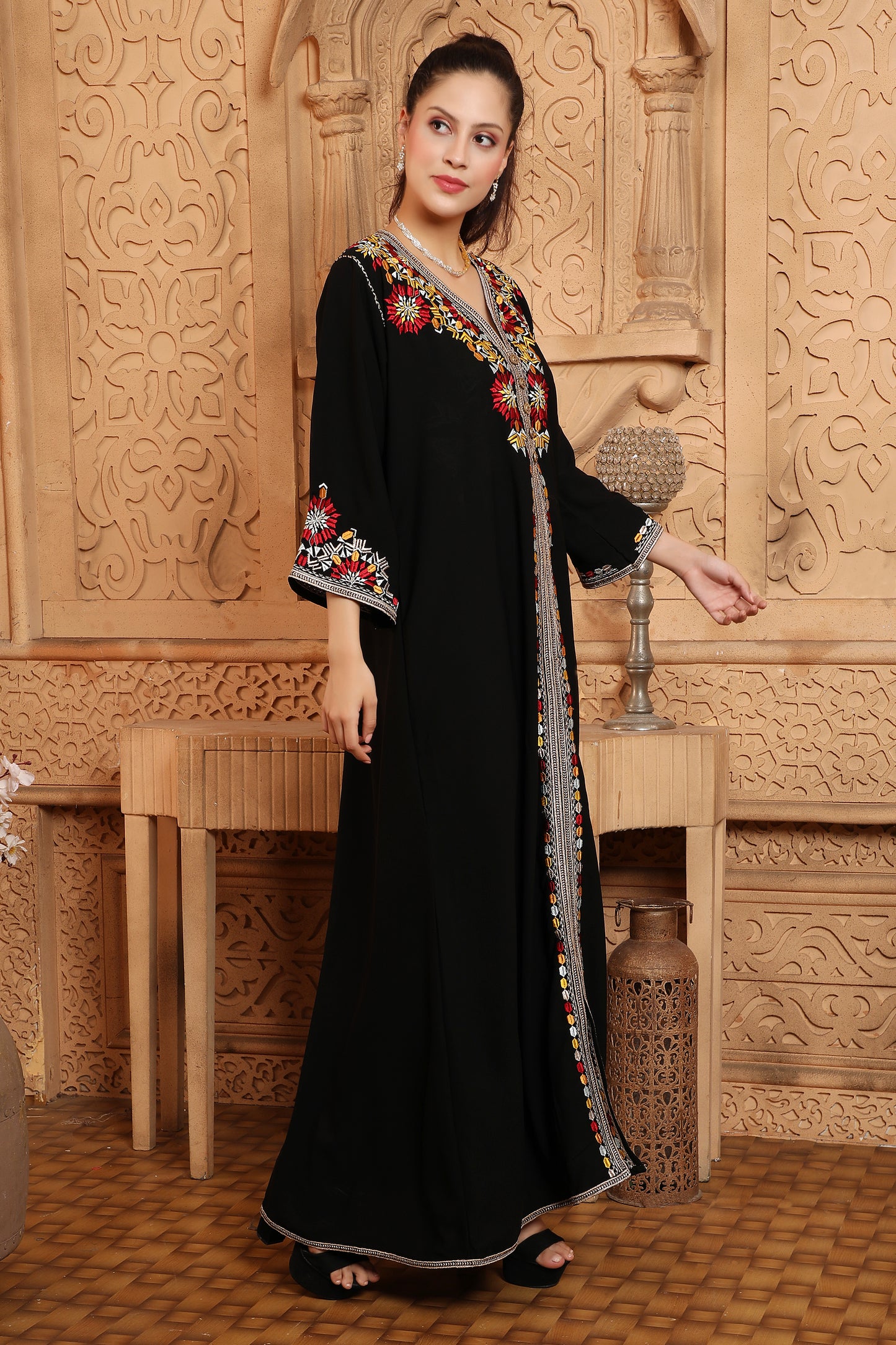 Delicate Embroidery Dubai Kaftan Abaya Arabic Dress XL / 60 Inches / Matching Embroidered Scarf (24 X 71 Inches) Delicate Embroidery Dubai Kaftan Abaya Arabic Dress XL / 60 Inches / Matching Embroidered Scarf (24 X 71 Inches)