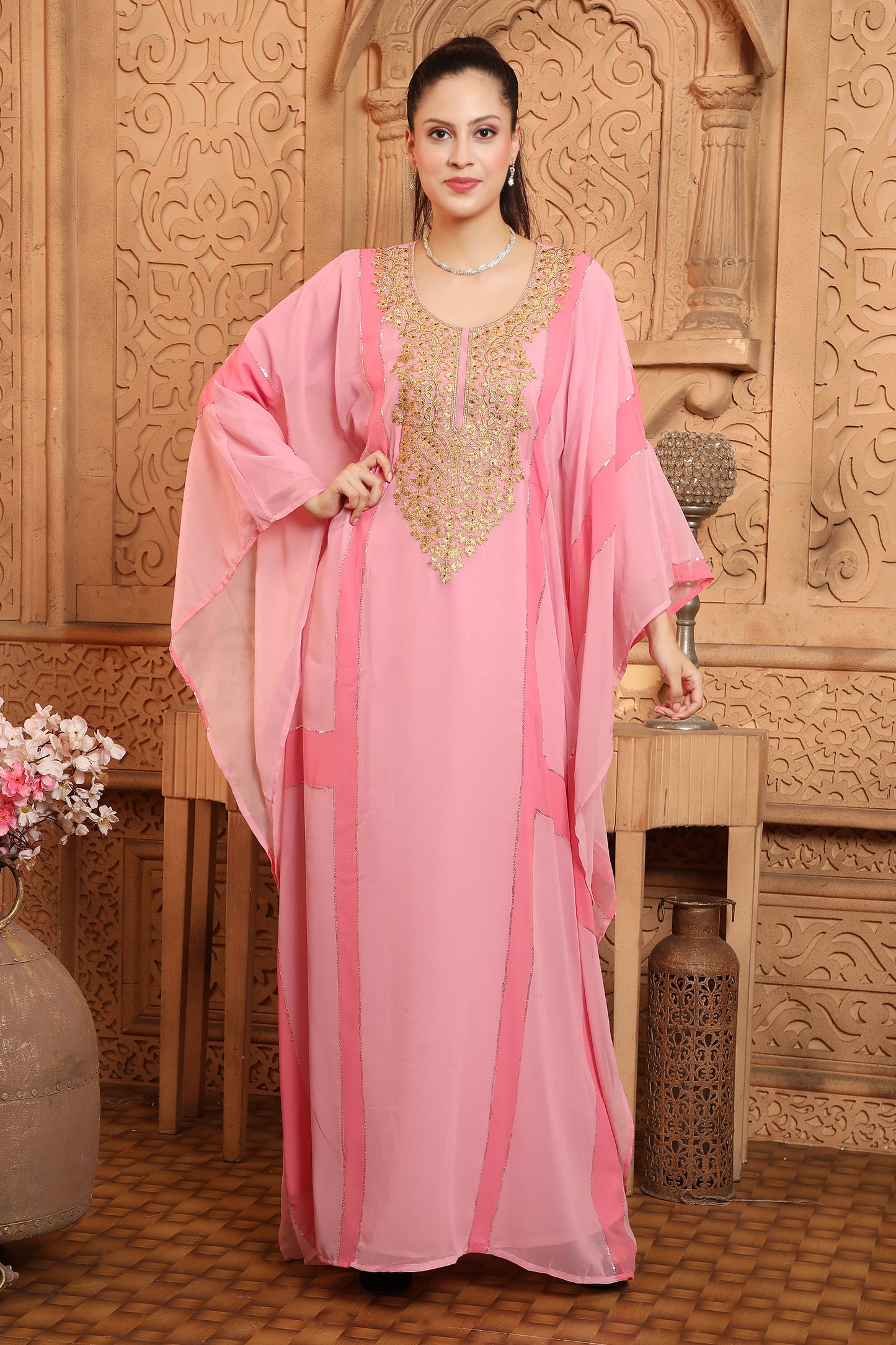 Modern A-line embroidered farasha dress Peach main image 0