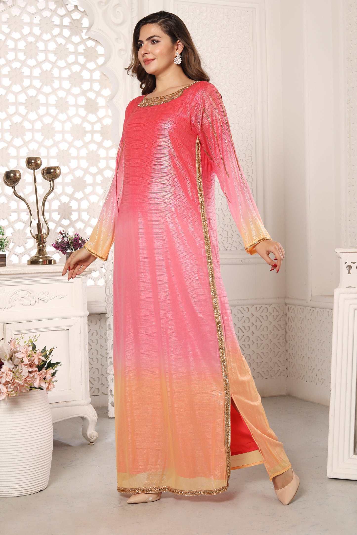 Ombre Pink Kaftan dress with Gold handwork Partywear gown Maxim Creation Ombre Pink Kaftan dress with Gold handwork Partywear gown Maxim Creation