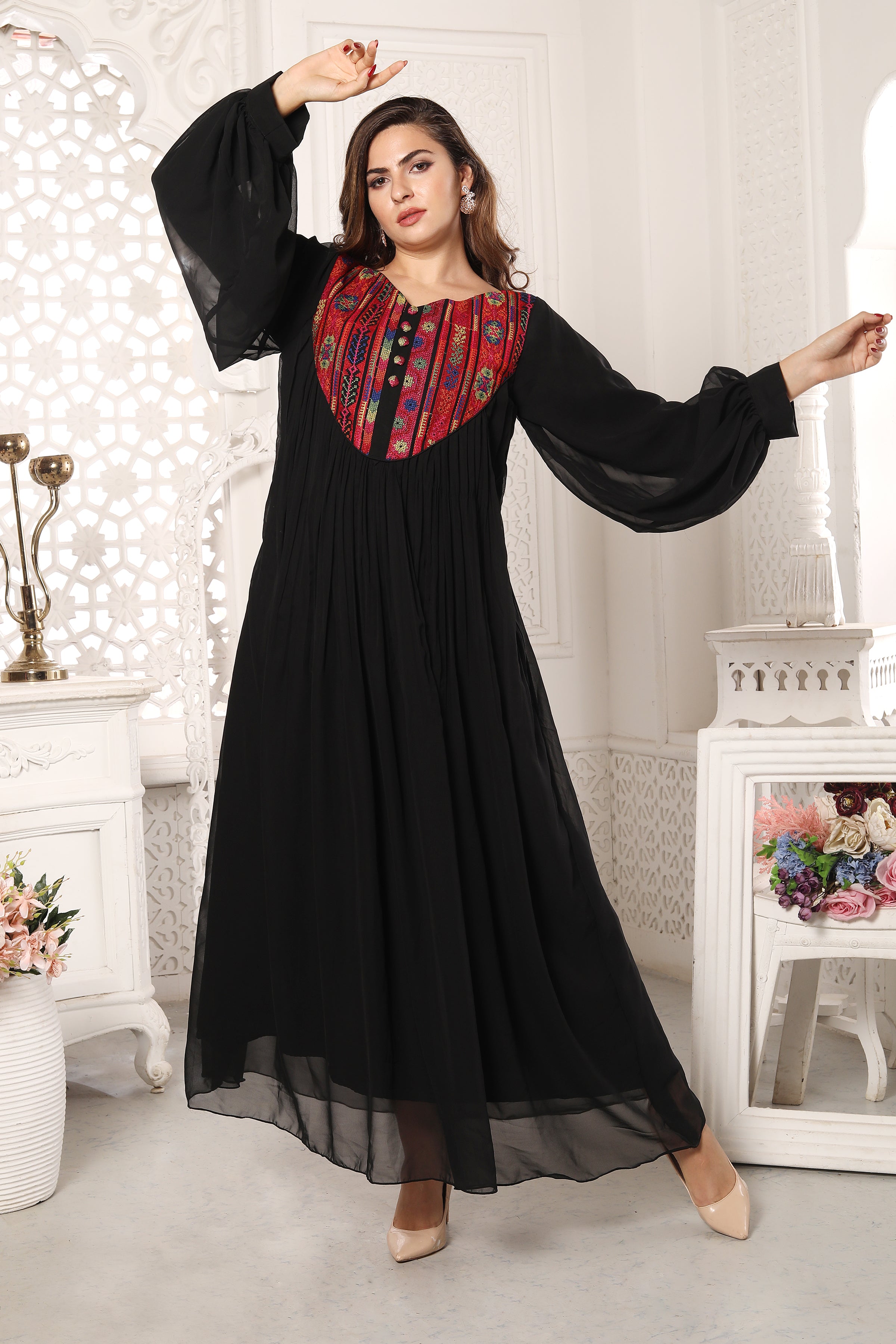 H*a様 PAISLEY EMBROIDERY DRESS BLACK Bombay Paisley Black Botanical Design Cotton A-Line Dress