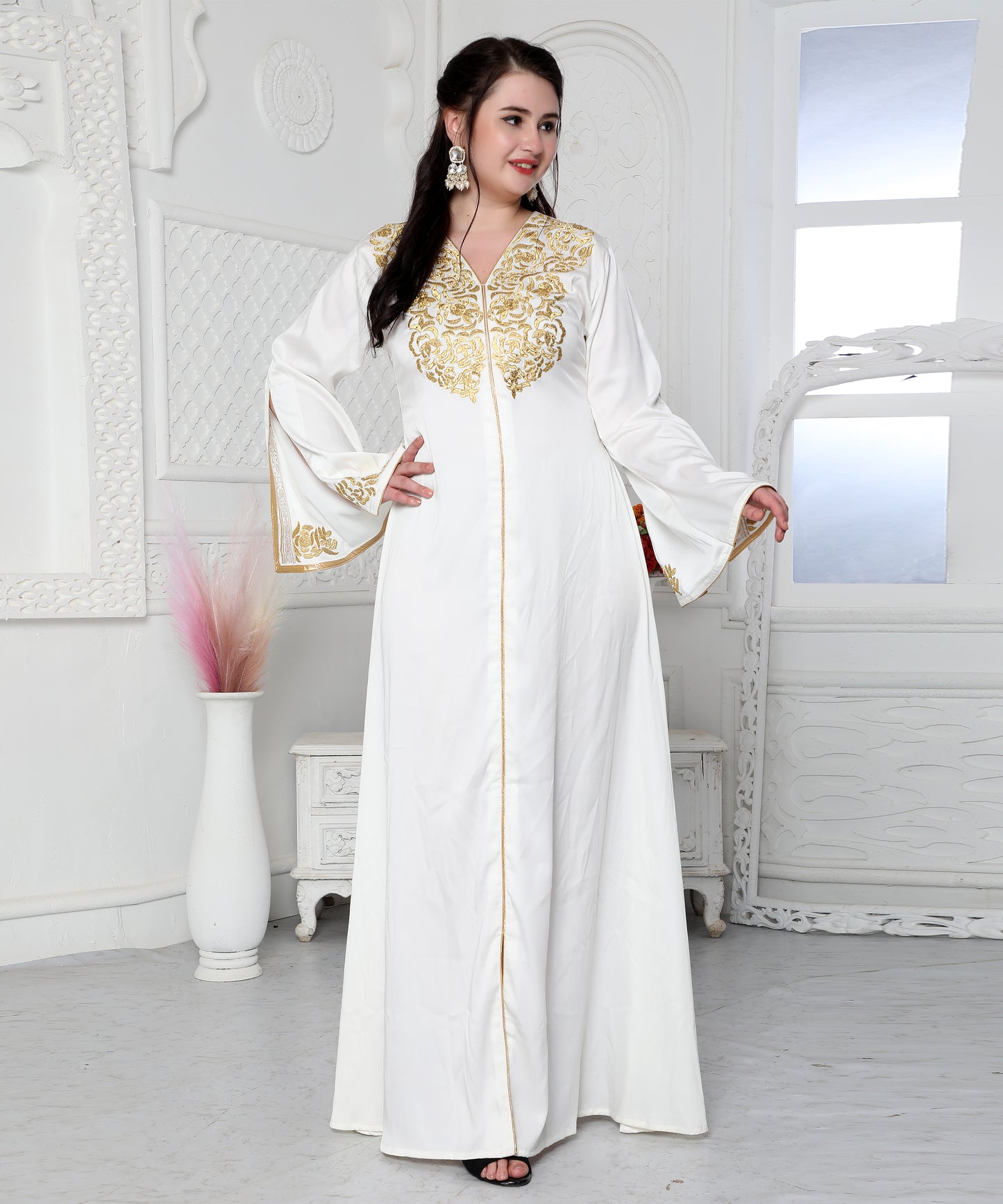 Royal Kaftan Dress In White With Gold Threadwork Embroidery Royal Kaftan Dress In White With Gold Threadwork Embroidery