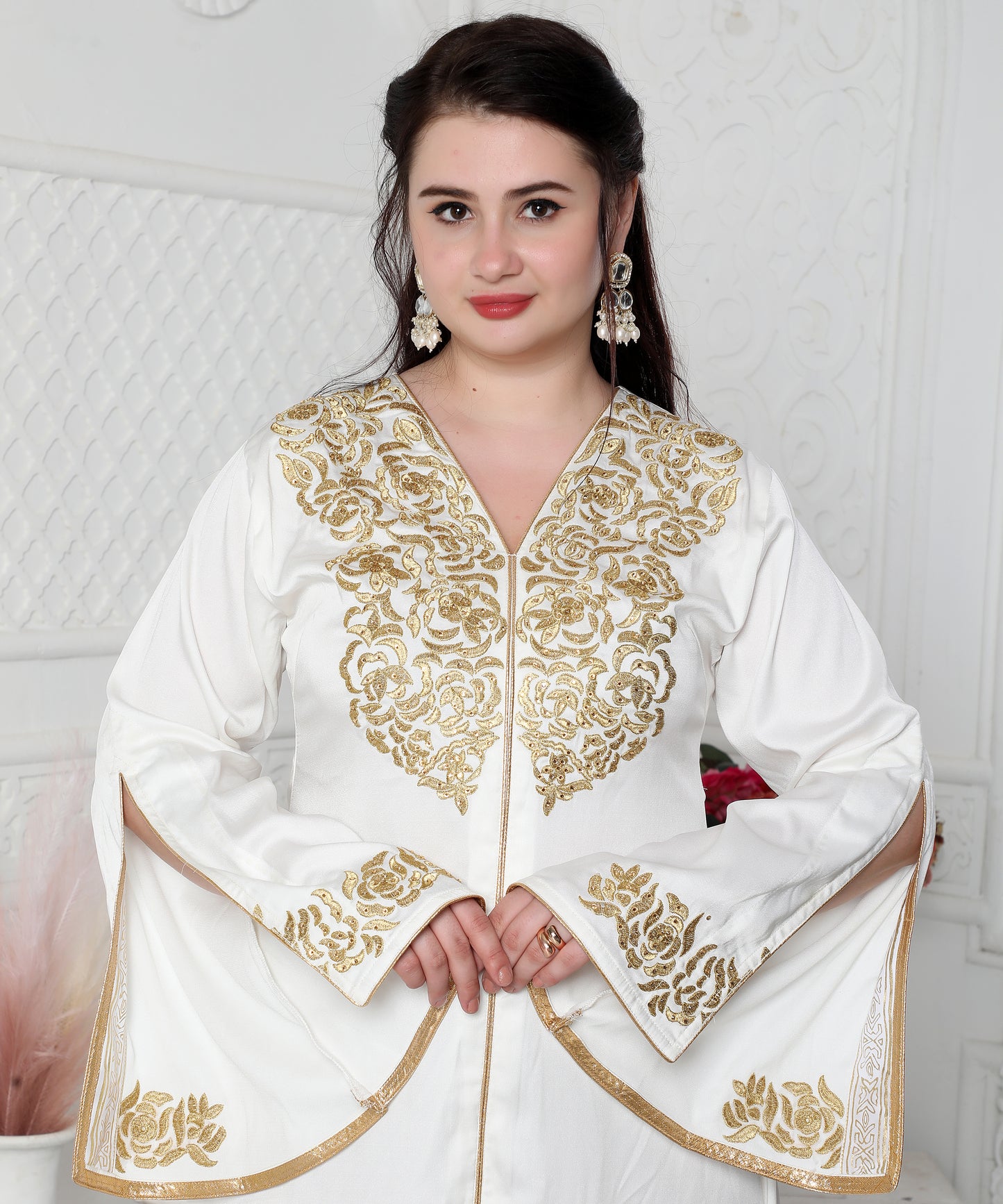 Royal Kaftan Dress In White With Gold Threadwork Embroidery Royal Kaftan Dress In White With Gold Threadwork Embroidery