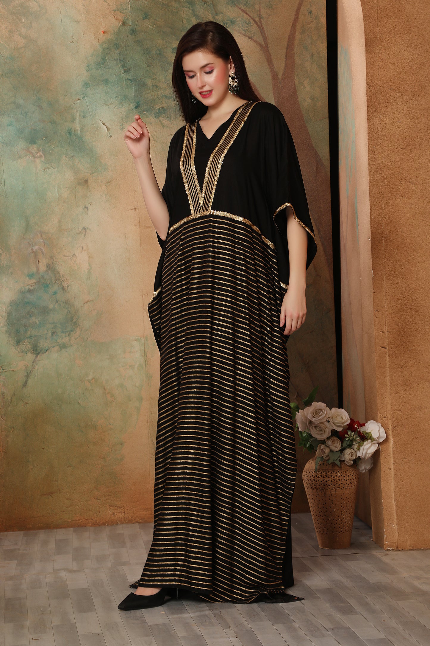 Black Boho Kaftan Dress with Block Print in Gold Maxim Creation Black Boho Kaftan Dress with Block Print in Gold Maxim Creation