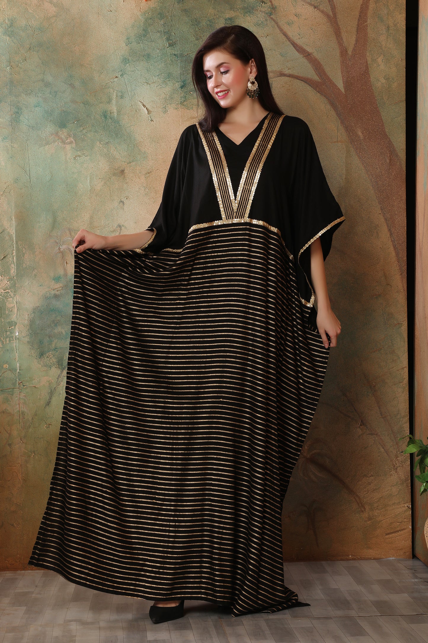 Black Boho Kaftan Dress with Block Print in Gold 3XL / 58 Inches / Matching Embroidered Scarf (24 X 71 Inches) Black Boho Kaftan Dress with Block Print in Gold 3XL / 58 Inches / Matching Embroidered Scarf (24 X 71 Inches)