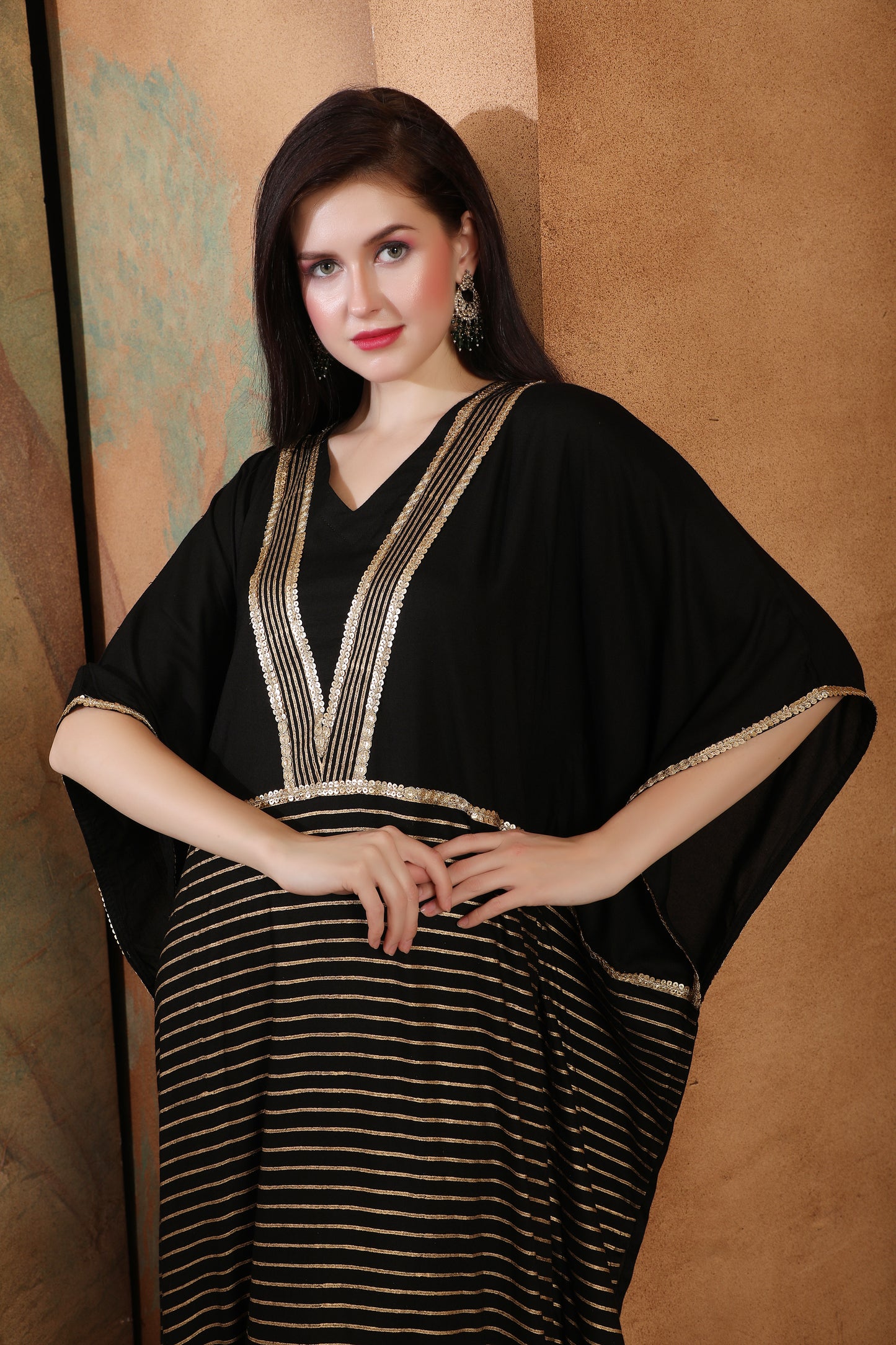 Black Boho Kaftan Dress with Block Print in Gold Maxim Creation Black Boho Kaftan Dress with Block Print in Gold Maxim Creation