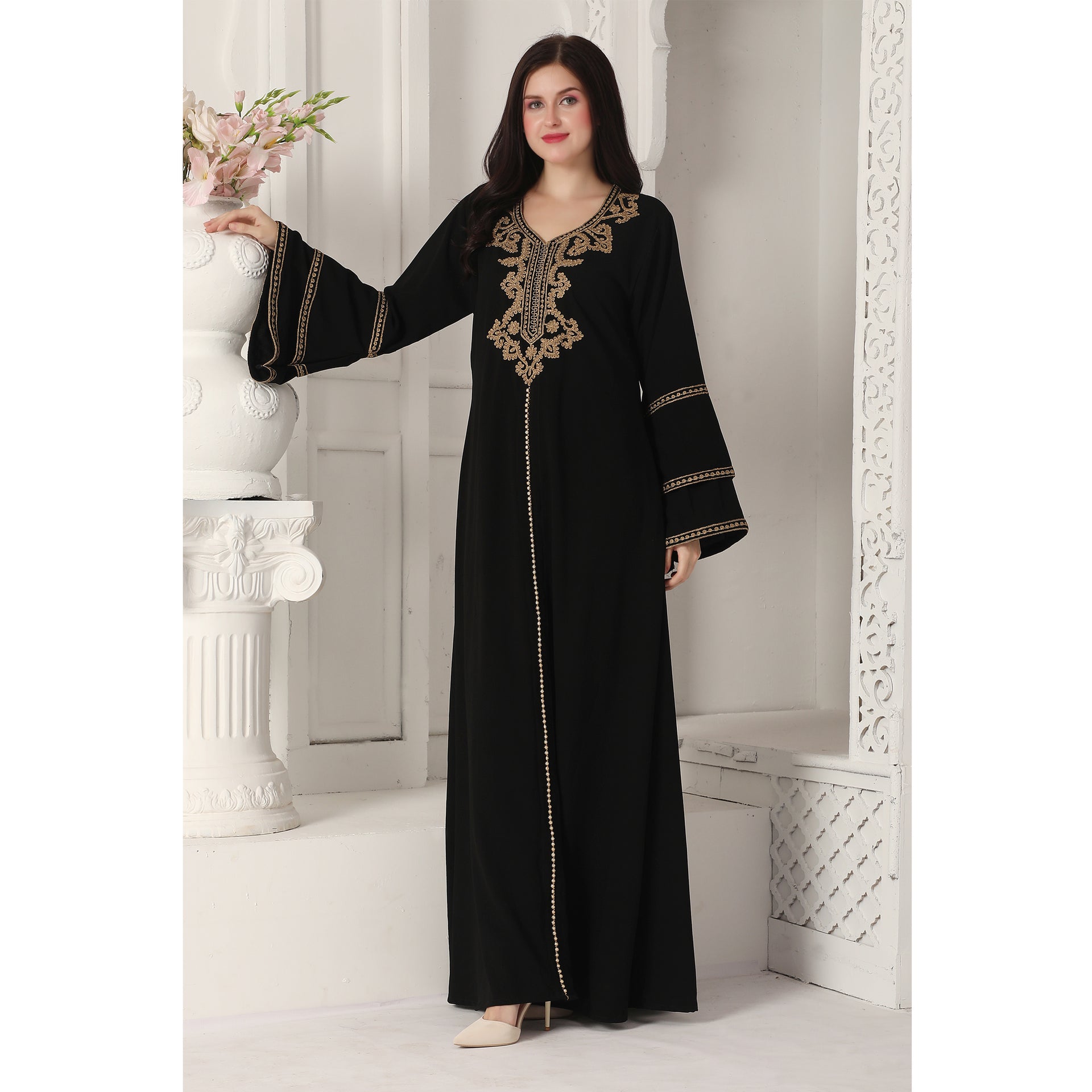 Black Jalabiya Kaftan with Gold Embroidery Double Flaired Sleeve Maxim Creation Black Jalabiya Kaftan with Gold Embroidery Double Flaired Sleeve Maxim Creation
