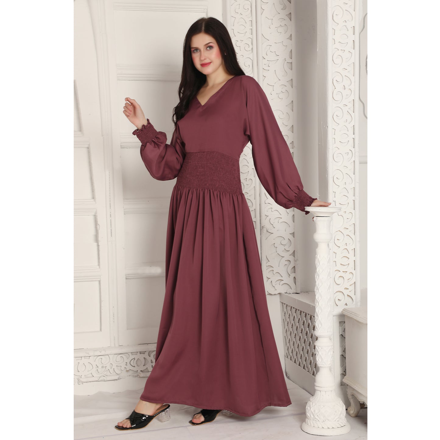 Smocked A-line Flowy Dress in Dark Pink Maxim Creation Smocked A-line Flowy Dress in Dark Pink Maxim Creation