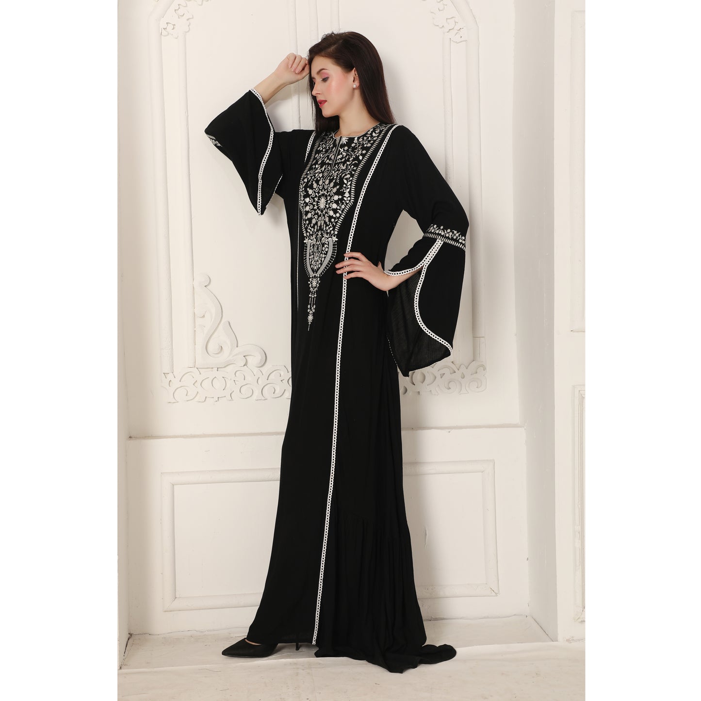 Black Designer Gown with White Floral Embroidery Big Flair Sleeves XXL / 60 inches / No Scarf Black Designer Gown with White Floral Embroidery Big Flair Sleeves XXL / 60 inches / No Scarf