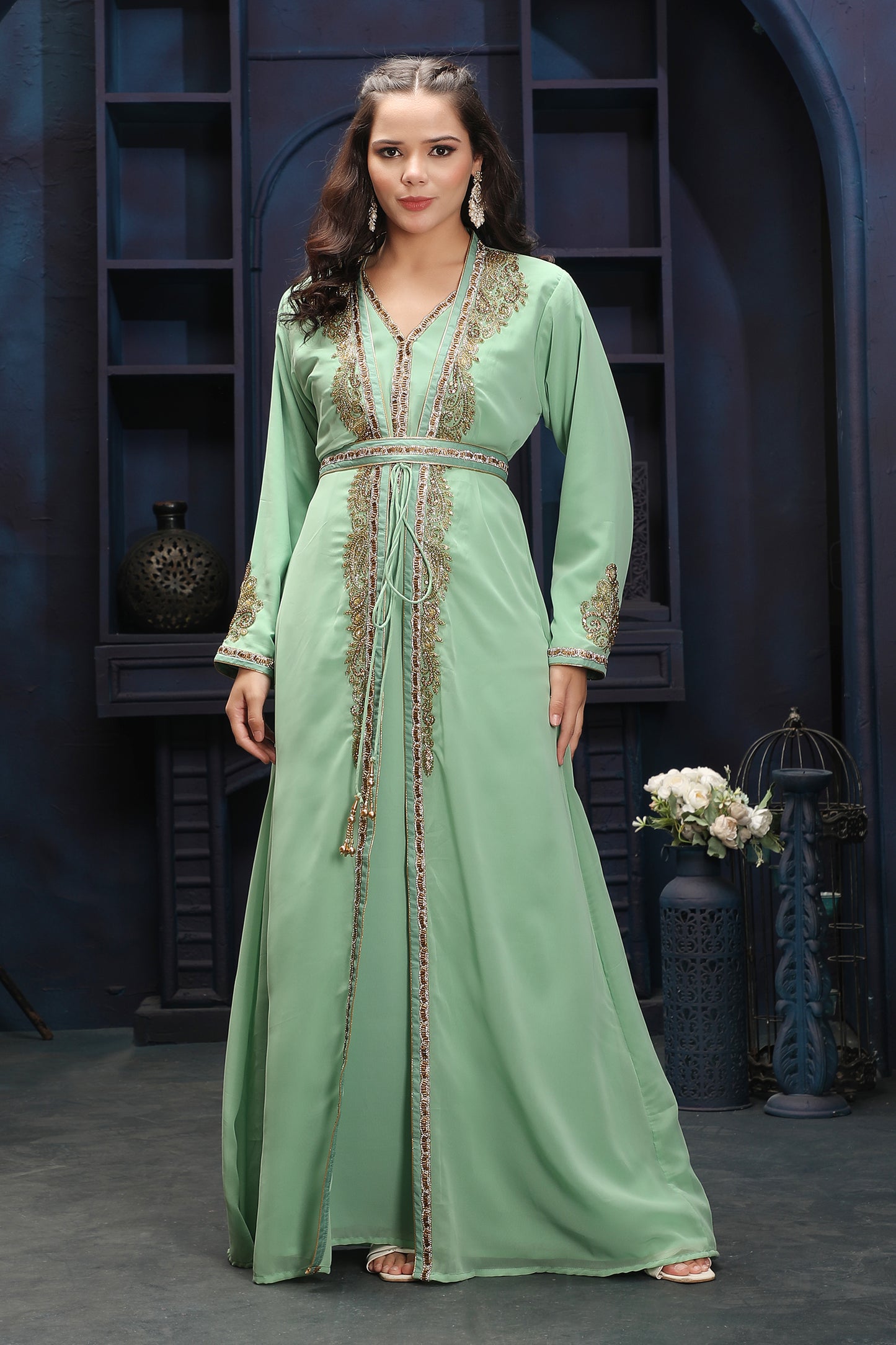 Mint Green Floor-Length Kaftan Gown with Elegant Handwork - Maxim Creation