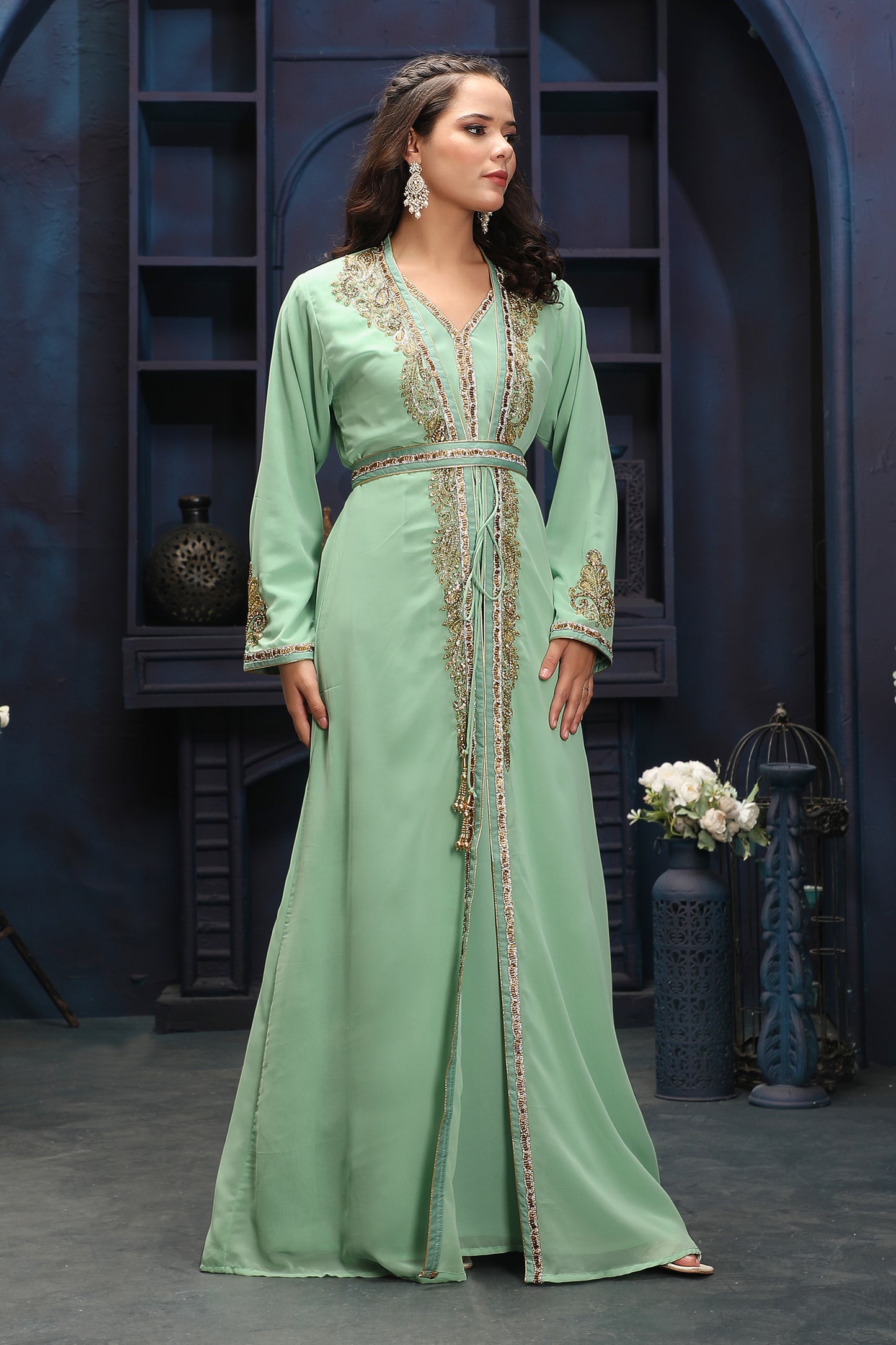Mint Green Floor-Length Kaftan Gown with Elegant Handwork Maxim Creation Mint Green Floor-Length Kaftan Gown with Elegant Handwork Maxim Creation