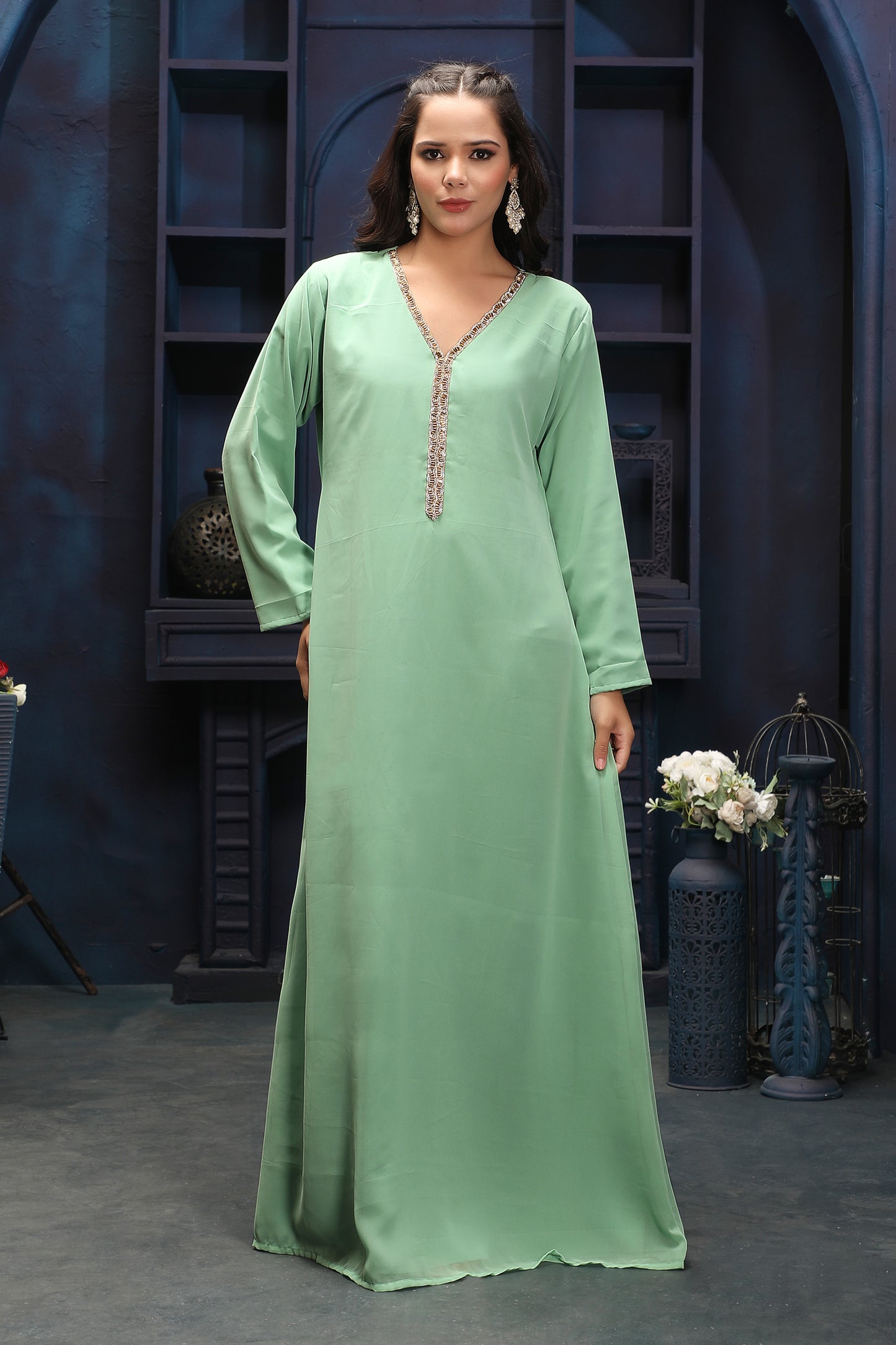 Mint Green Floor-Length Kaftan Gown with Elegant Handwork Maxim Creation Mint Green Floor-Length Kaftan Gown with Elegant Handwork Maxim Creation