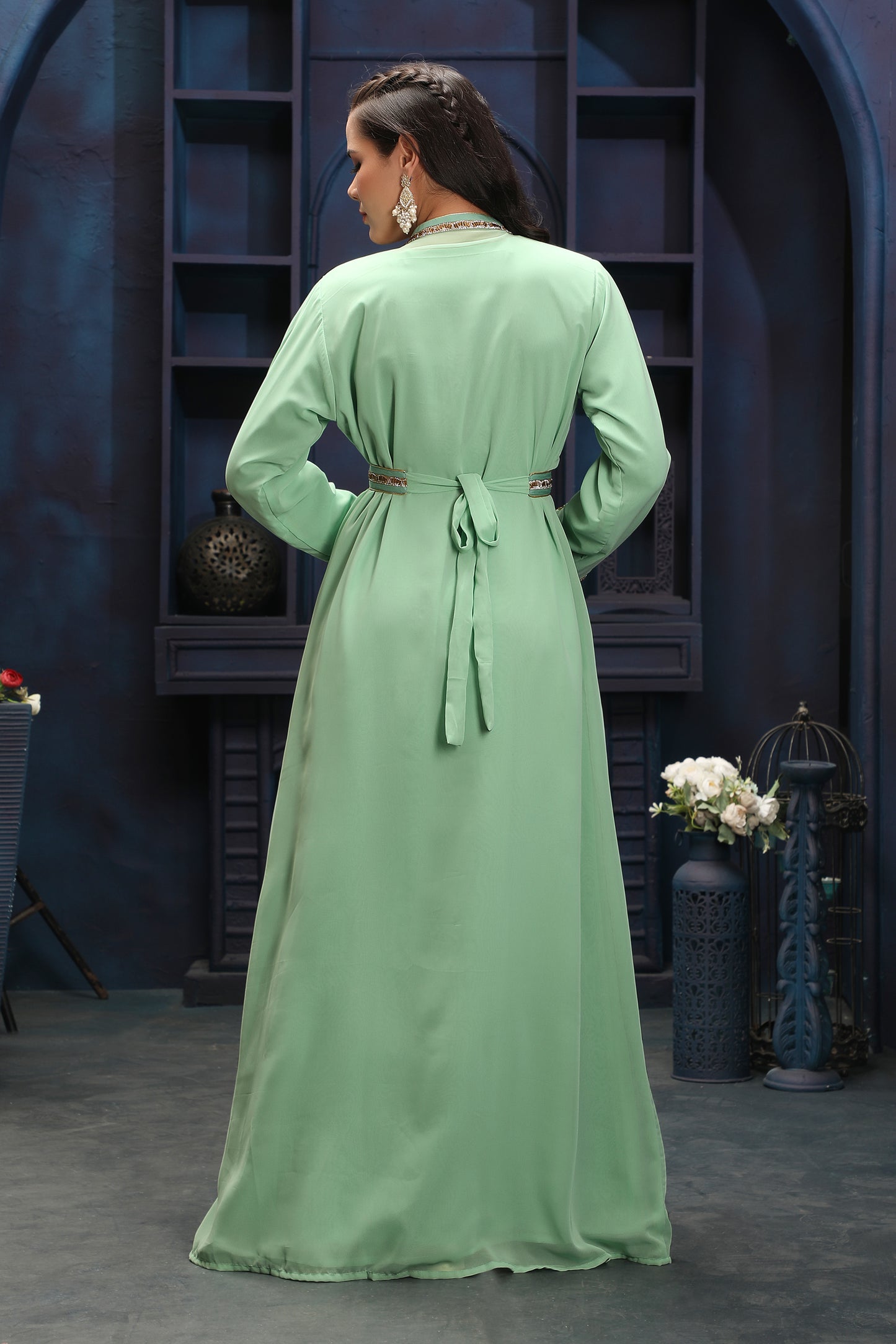 Mint Green Floor-Length Kaftan Gown with Elegant Handwork Maxim Creation Mint Green Floor-Length Kaftan Gown with Elegant Handwork Maxim Creation