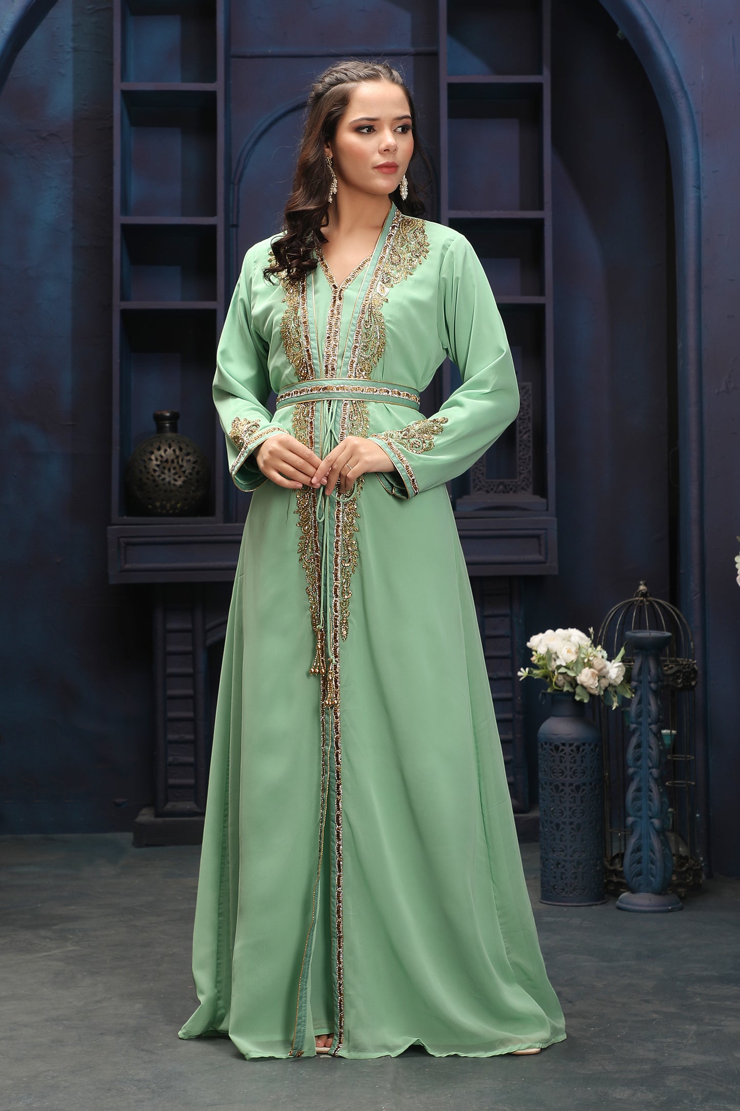 Mint Green Floor-Length Kaftan Gown with Elegant Handwork XL / 58 / Matching Embroidered Scarf (24 X 71 Inches) Mint Green Floor-Length Kaftan Gown with Elegant Handwork XL / 58 / Matching Embroidered Scarf (24 X 71 Inches)