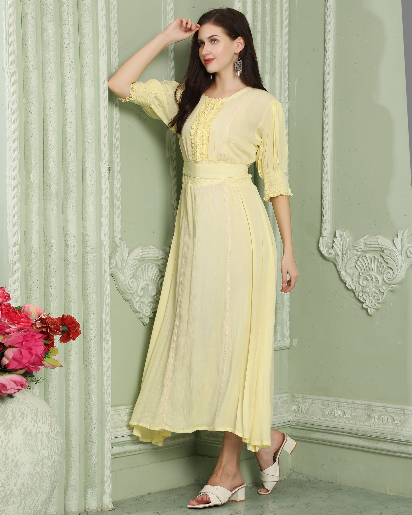 Smocked Style A-Line Partywear Yellow Dress Maxim Creation Smocked Style A-Line Partywear Yellow Dress Maxim Creation