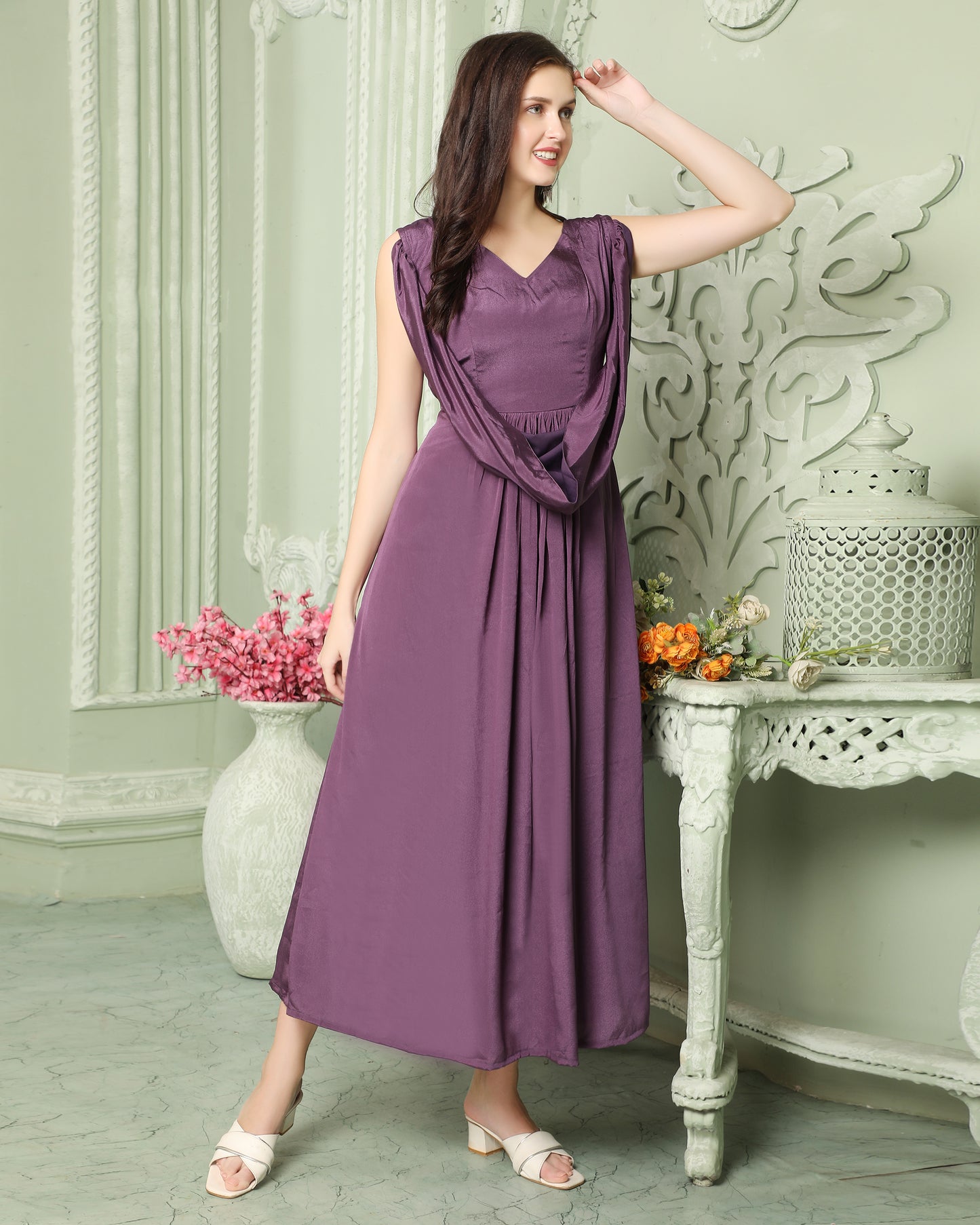 cowl neck purple dress Aliava