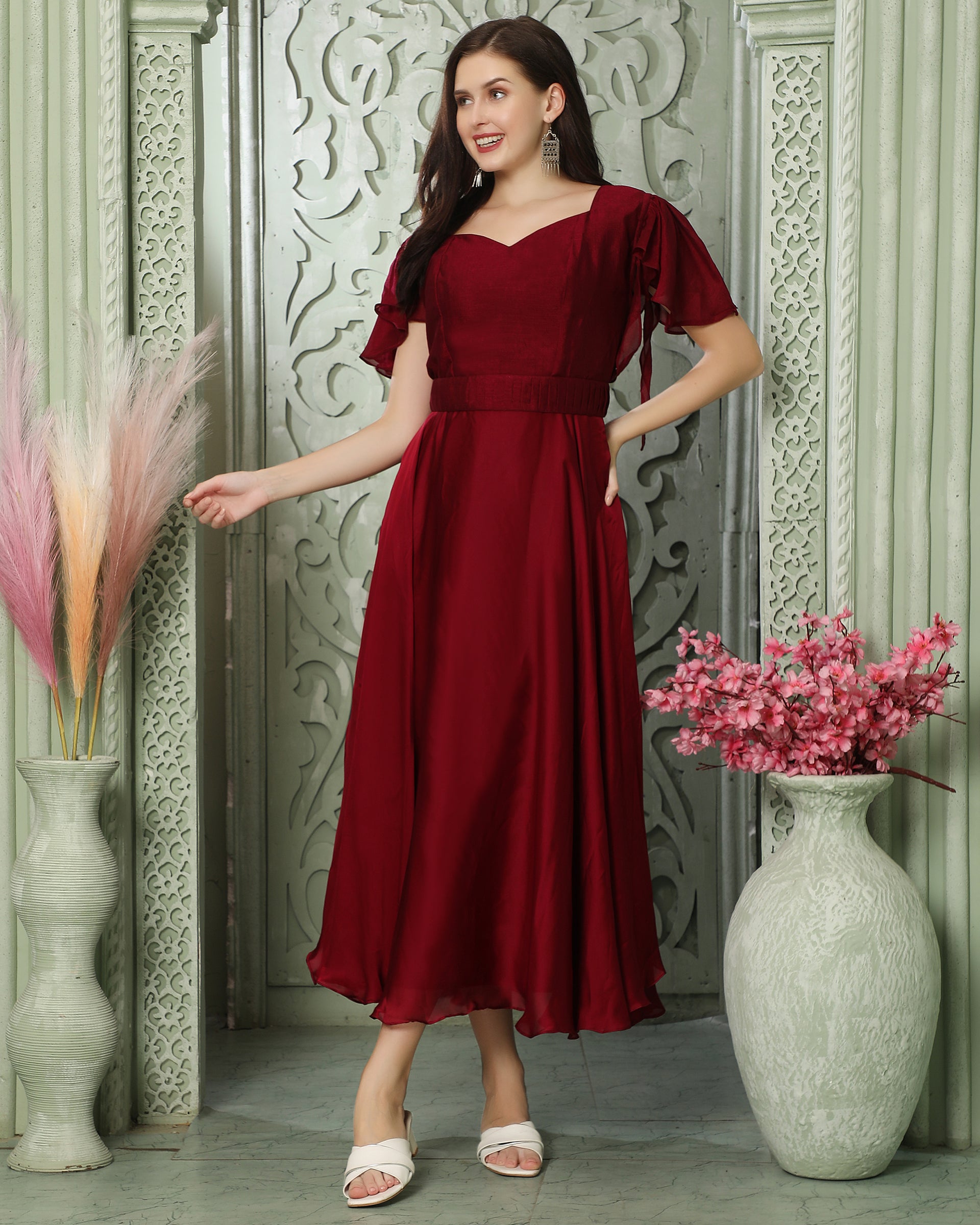Cherry Red Partywear Heart Neck Dress