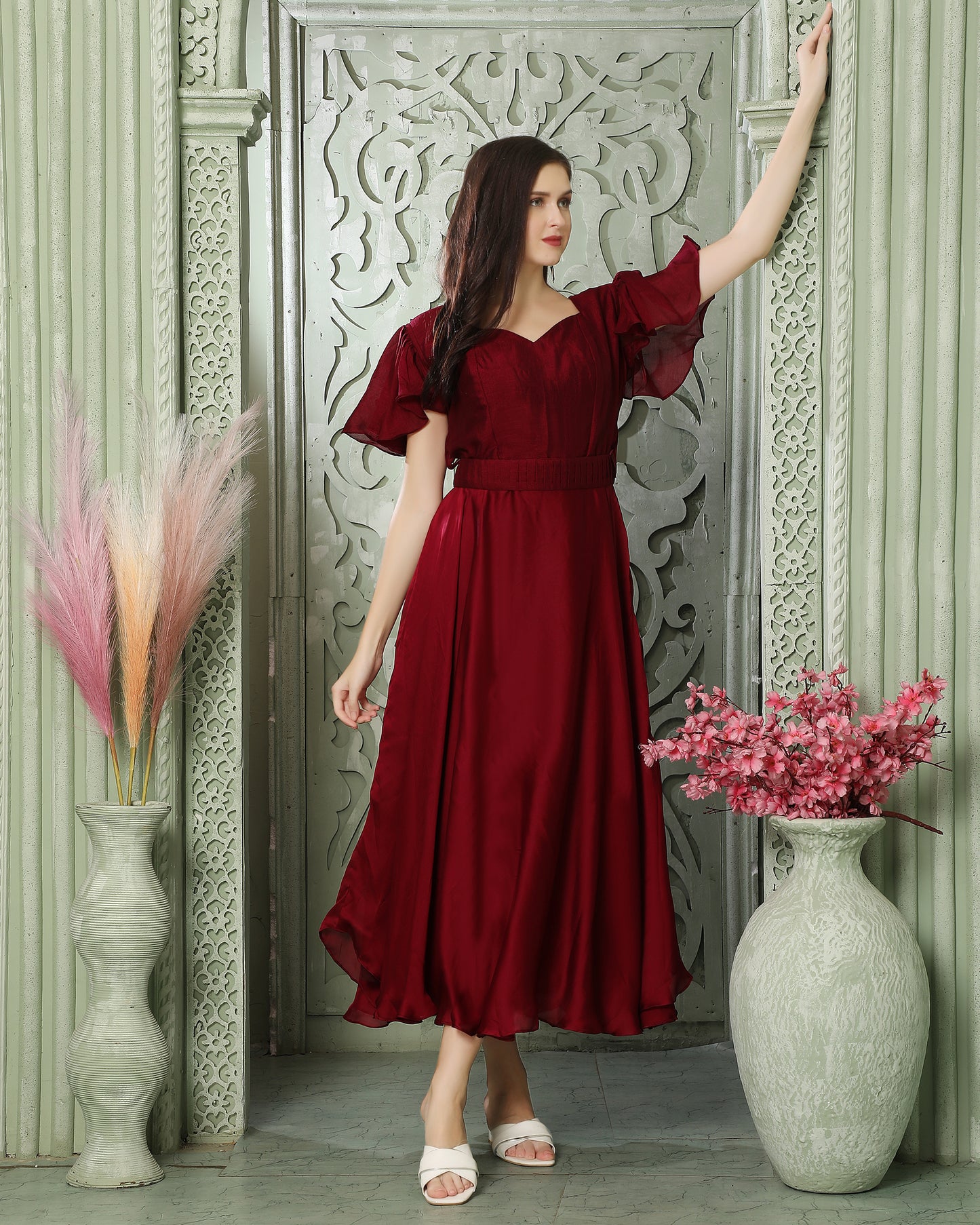 Cherry Red Partywear Heart Neck Dress – Maxim Creation Cherry Red Partywear Heart Neck Dress – Maxim Creation