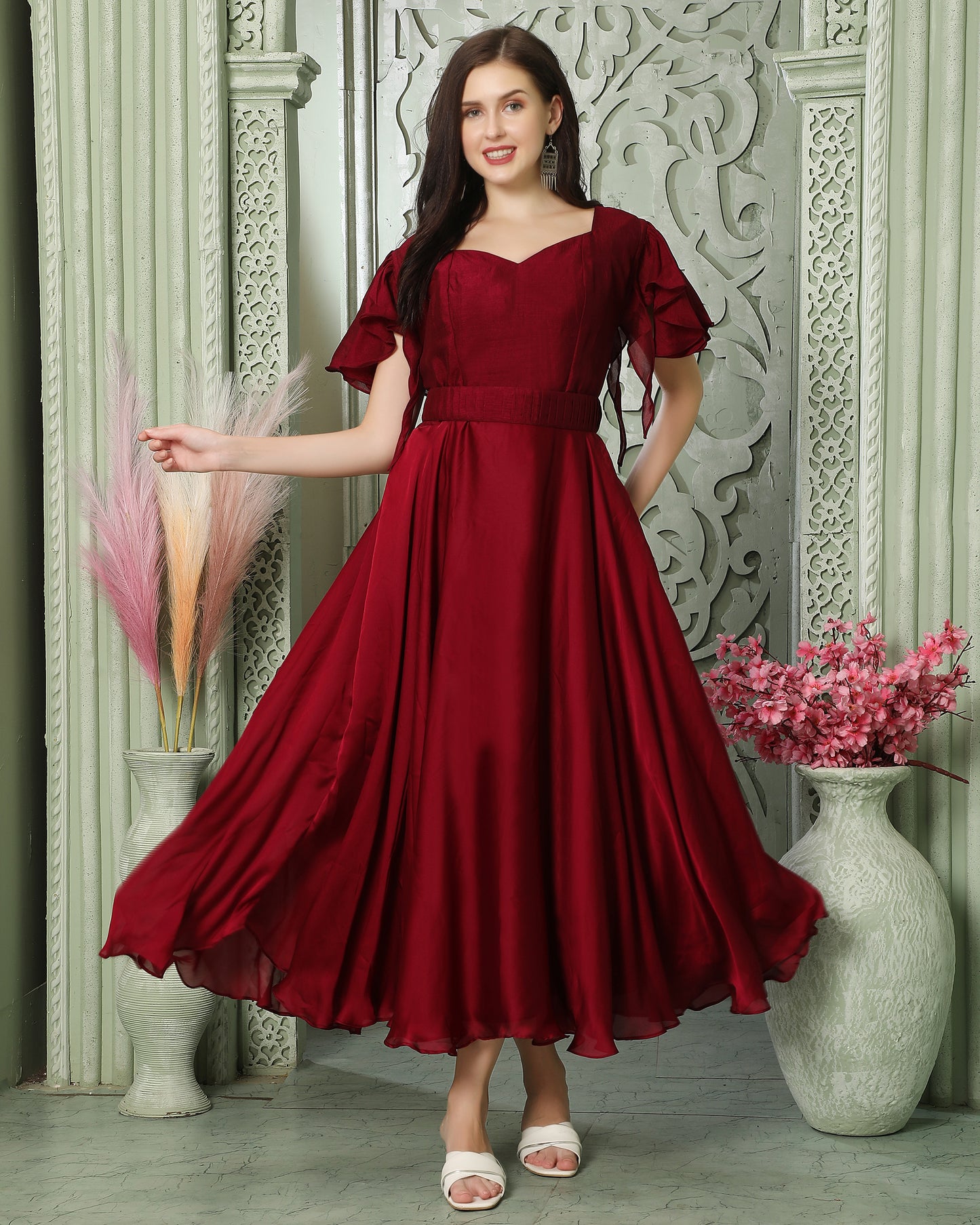 Cherry Red Partywear Heart Neck Dress 3XL / 58 Inches / No Scarf Cherry Red Partywear Heart Neck Dress 3XL / 58 Inches / No Scarf