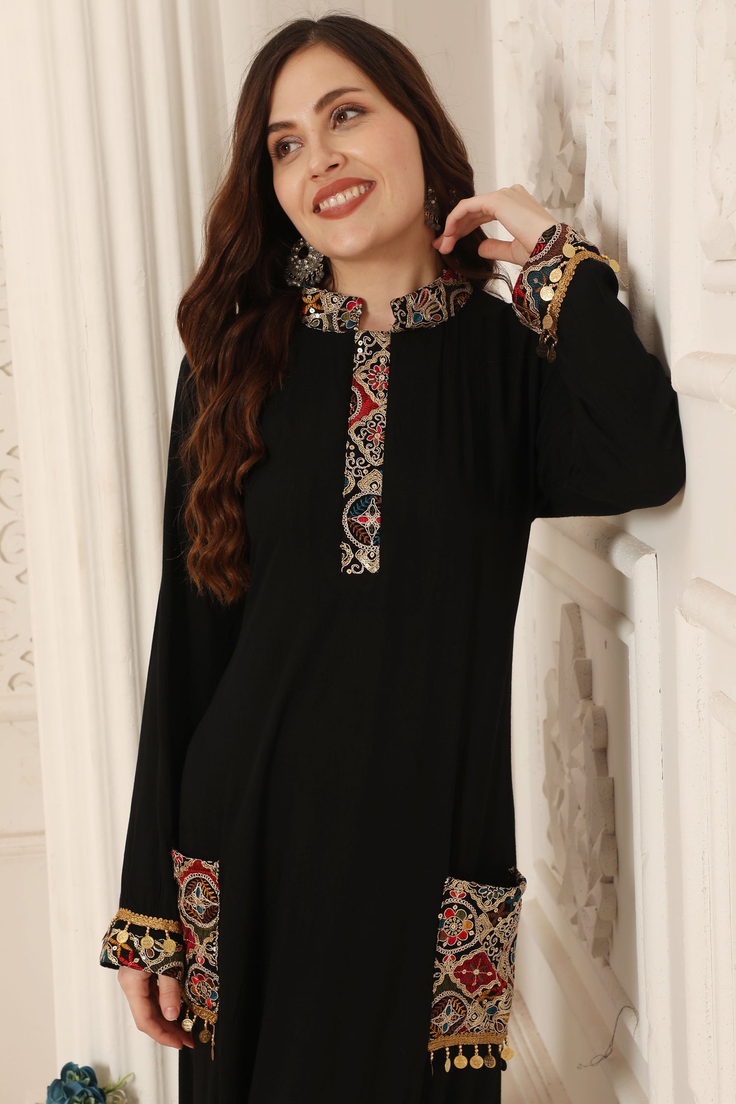 dresses by tribal Tribal Embroidered Black Dress with Tassels – Maxim Creation
