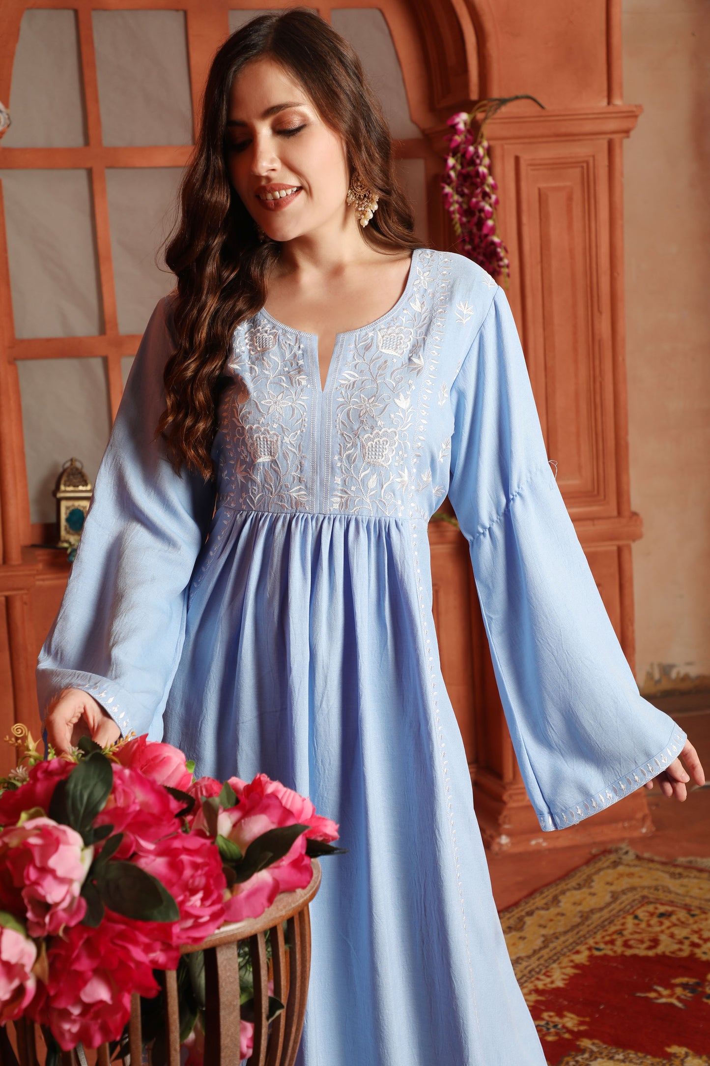 Sky Blue Floral Embroidered Empire Waist A-Line Dress Maxim Creation Sky Blue Floral Embroidered Empire Waist A-Line Dress Maxim Creation