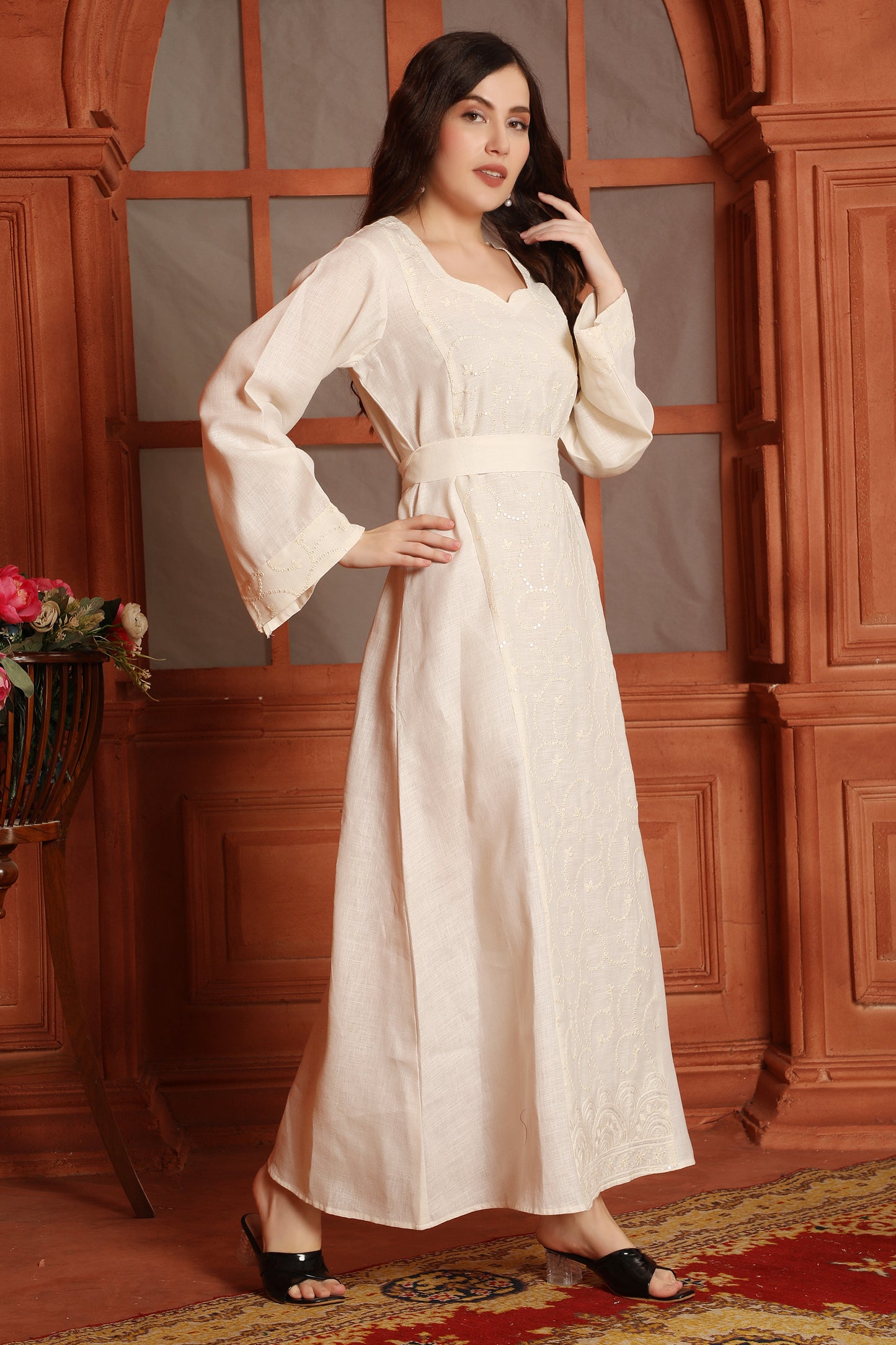 Off-White Linen Blend Gown with Sequins Embroidery and Belt Maxim Creation Off-White Linen Blend Gown with Sequins Embroidery and Belt Maxim Creation