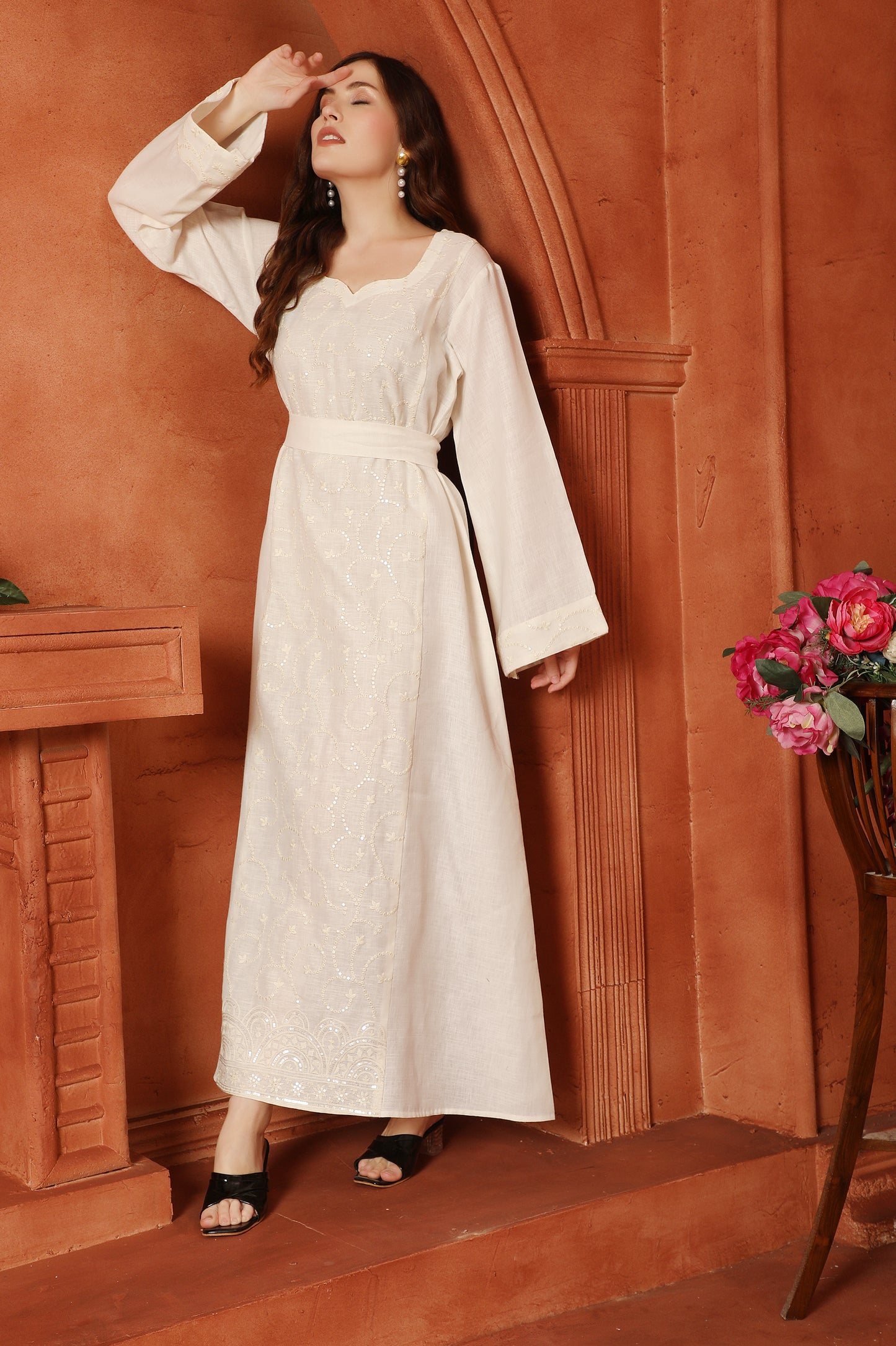 Off-White Linen Blend Gown with Sequins Embroidery and Belt Maxim Creation Off-White Linen Blend Gown with Sequins Embroidery and Belt Maxim Creation