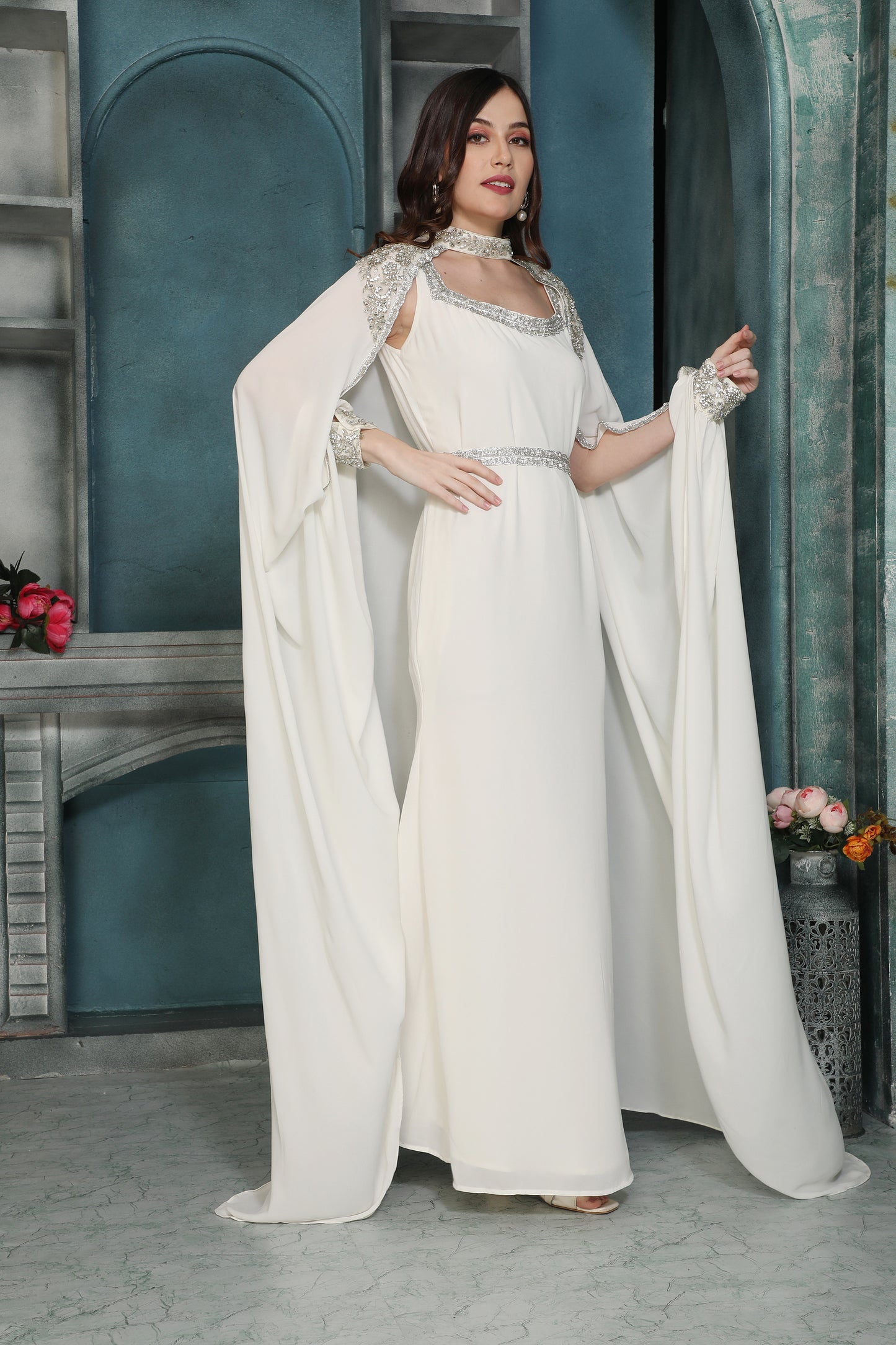 Silver Embellishment Ivory Jalabiya with removable Cape and Belt 2XL / 58 / Matching Embroidered Scarf (24 X 71 Inches) Silver Embellishment Ivory Jalabiya with removable Cape and Belt 2XL / 58 / Matching Embroidered Scarf (24 X 71 Inches)