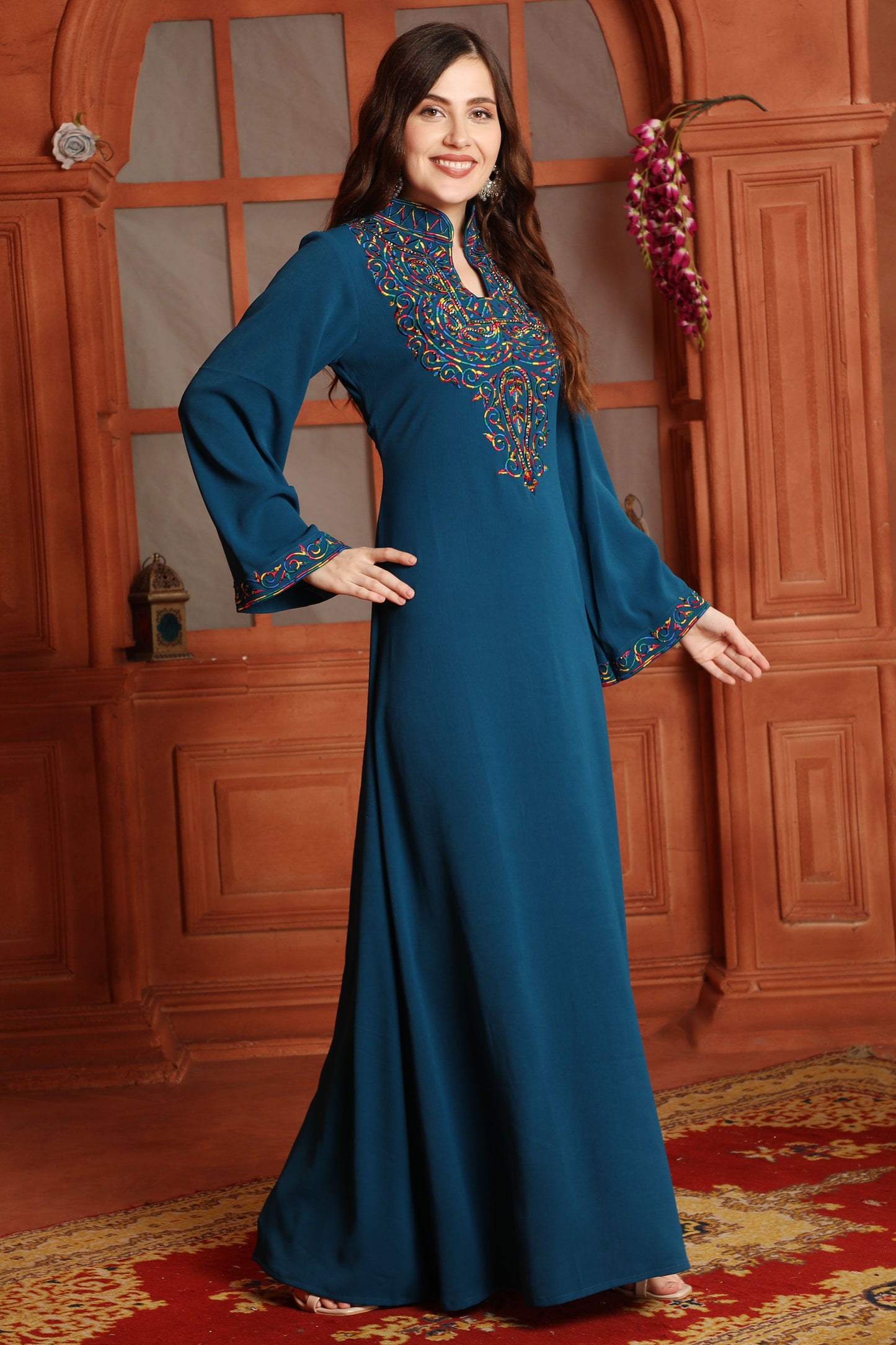 Teal Blue Embroidered Yoke Maxi Dress with Embellishment Maxim Creation Teal Blue Embroidered Yoke Maxi Dress with Embellishment Maxim Creation