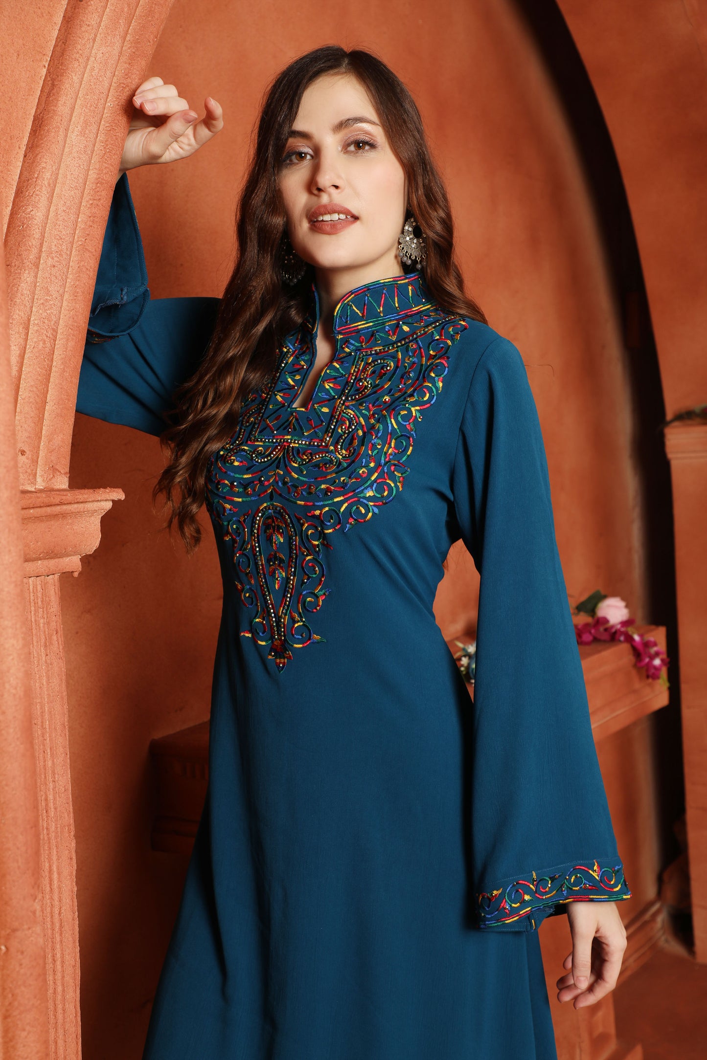 Teal Blue Embroidered Yoke Maxi Dress with Embellishment Maxim Creation Teal Blue Embroidered Yoke Maxi Dress with Embellishment Maxim Creation