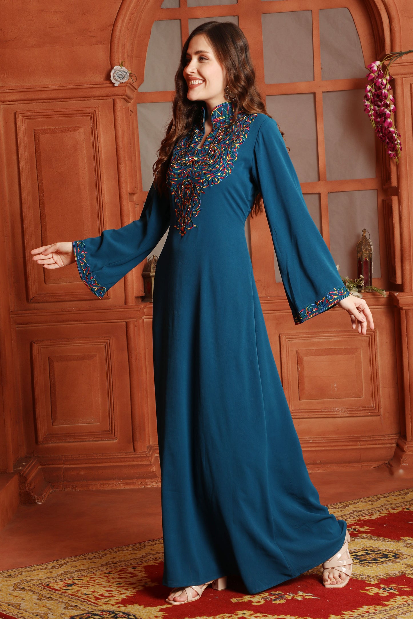 Teal Blue Embroidered Yoke Maxi Dress with Embellishment Maxim Creation Teal Blue Embroidered Yoke Maxi Dress with Embellishment Maxim Creation